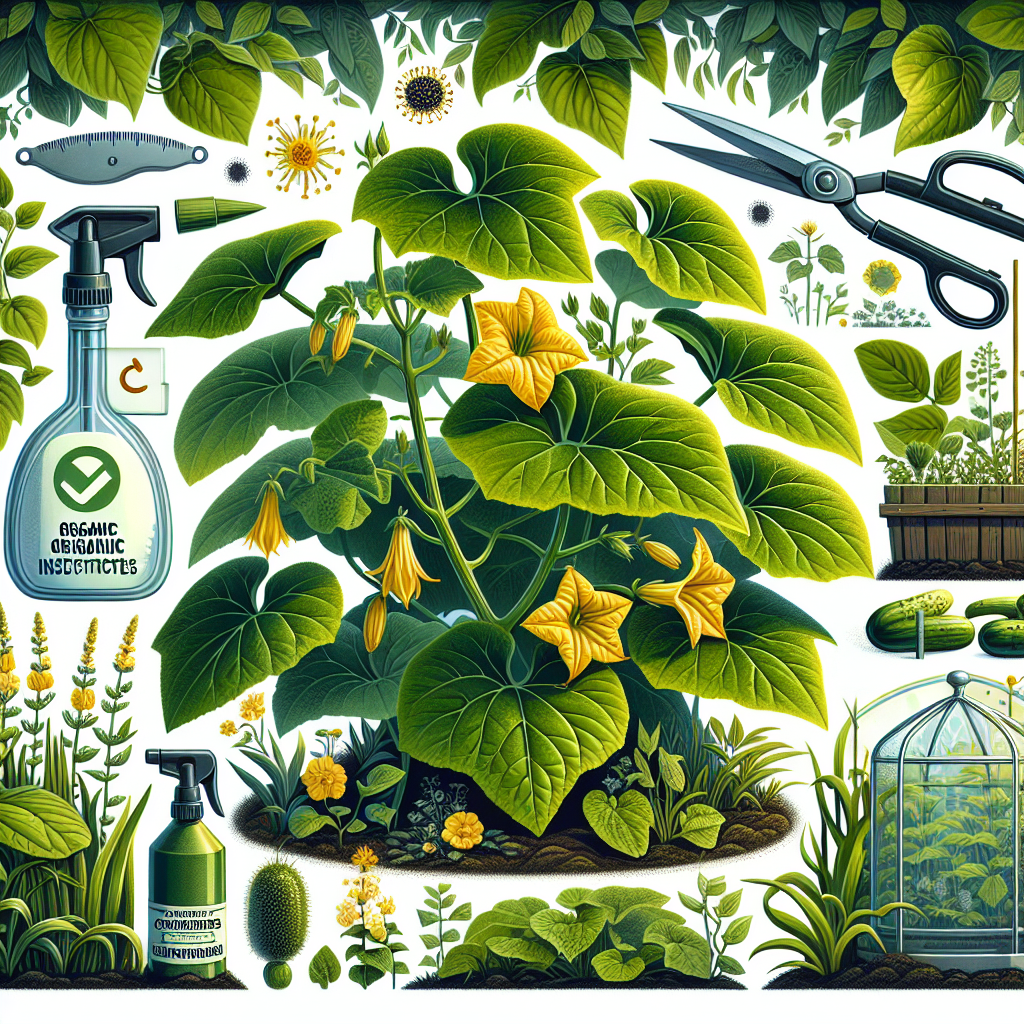 An illustrative representation of a thriving garden with diverse plants including healthy cucumber plants highlighting their bright green leaves and yellow blossoms. Next to the cucumber plants, show identifiable visuals representing prevention techniques against the Cucumber Mosaic Virus, like a pair of garden shears cutting off infested leaves, a spray bottle representing organic insecticides, and a garden cloche for protection against bugs. The overall palette should be lush with verdant greens, sunny yellows, and earthy browns. Please ensure there's no inclusion of any text or brand names within the image.