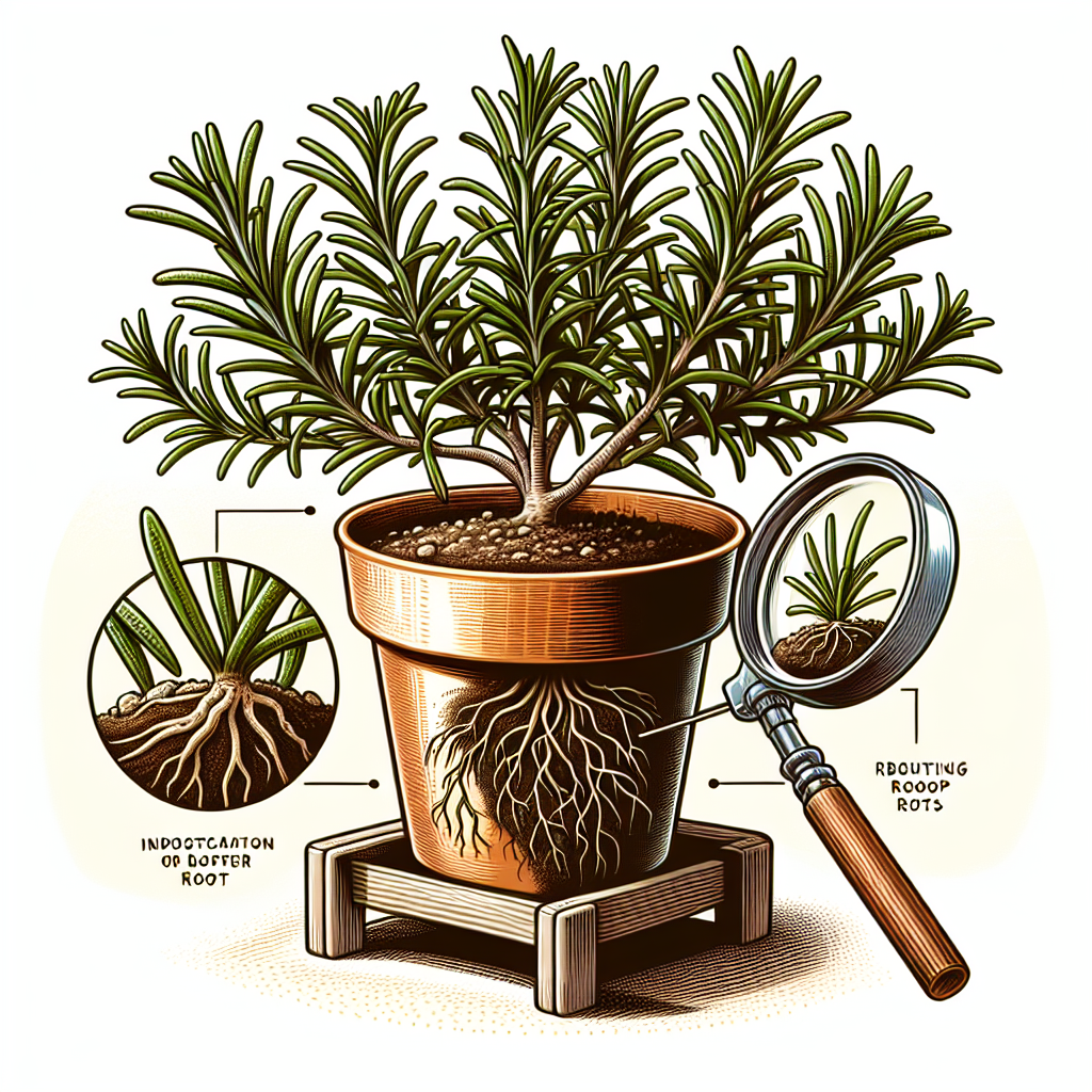 A detailed illustration showing a healthy rosemary herb growing in well-draining soil inside a terra cotta pot. Depict the pot standing on a small wooden rack for better aeration. On the sidelines, visualize a magnifying glass inspecting the roots, symbolizing the careful observation for signs of root rot. Make sure to exclude any brand names or logos, any form of text, and any human figures from the image. Do not depict any of the objects bearing text.