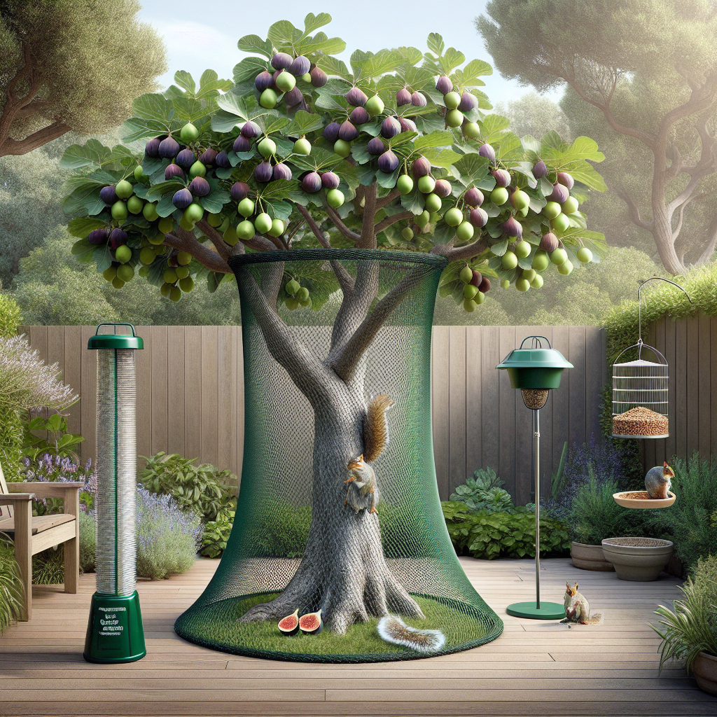 A practical, serene backyard showcasing various strategies to deter squirrels. To the left, a healthy, robust fig tree stands, its limbs laden with ripe, juicy figs. Around its trunk, an unobtrusive, closely woven mesh netting has been installed to discourage climbing. A freestanding, eco-friendly noise device is positioned near the bottom, which emits sounds irritating to squirrels but harmonious to human ears. To the right, a bird feeder hangs, designed with a weight-sensitive triggered mechanism that closes access to food when a squirrel attempts to dine. The absence of people adds to the idyllic tranquility of the scene.