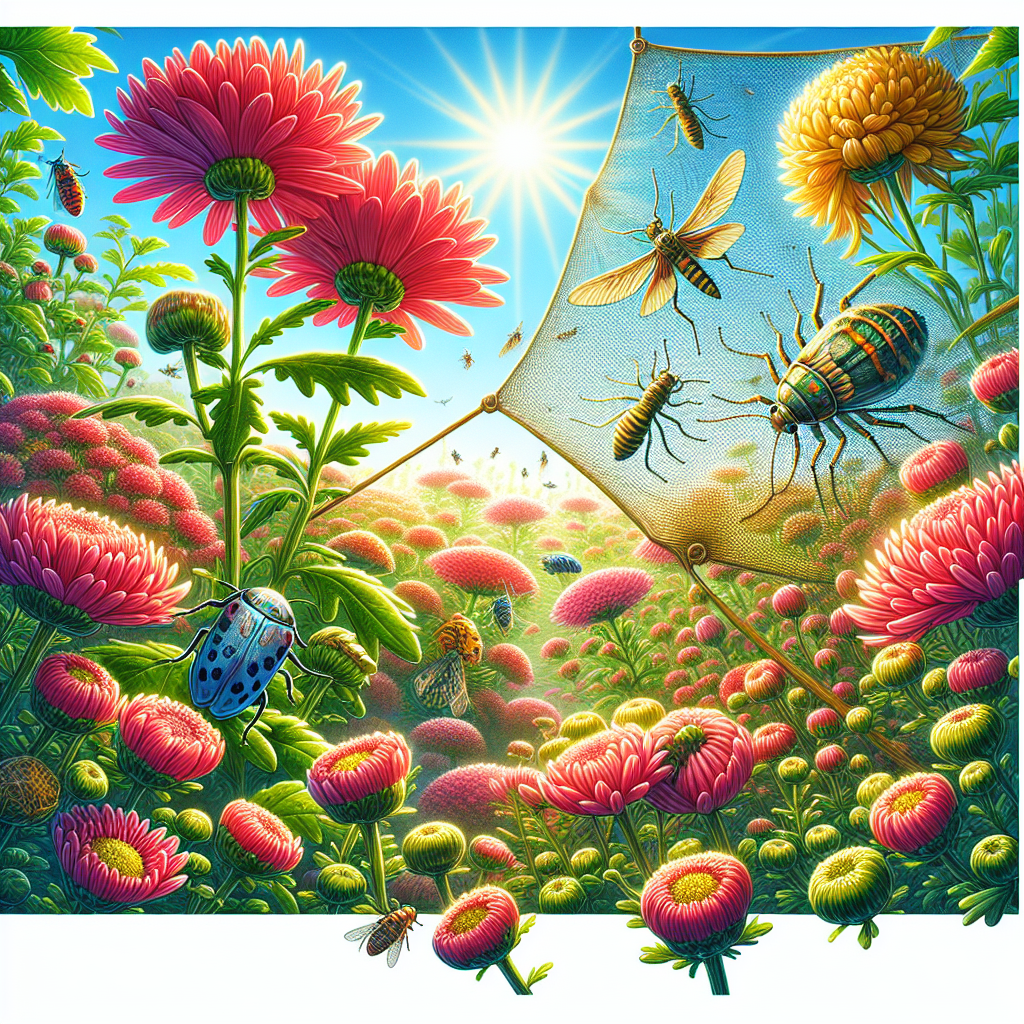 Envision a garden scene where lush chrysanthemums are in full bloom under the bright sunshine. To represent the thrips menace, create tiny, harmful insects lurking around. Illustrate protective barriers like a fine net enveloping some chrysanthemums as a symbol of protection. Also, depict safe natural predators, like lacewings and ladybugs, set among the flowers, hunting down the thrips. Everything in the scene should be sans people, text, brand names or logos.