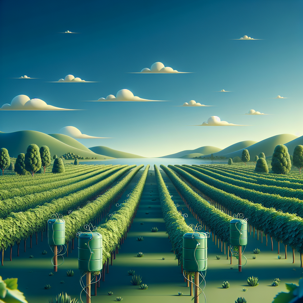 A tranquil scene in a vineyard with green grapevines extending into the horizon against a clear blue sky. Each vine is accompanied by subtle structures that could be pest control devices to guard against downy mildew. With no humans or text present in the image, the focus remains on the healthy vineyard, the pest control devices and the overall atmosphere of this viticulture scene.