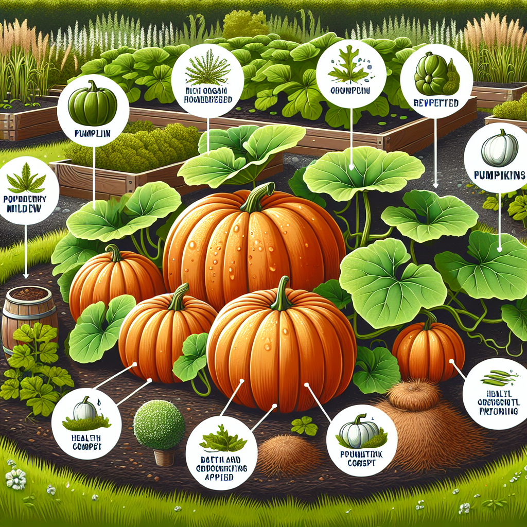 A garden scene with various pumpkins growing healthily. They have a vibrant orange color and are slightly covered in morning dew. Surrounding the pumpkins are natural preventive measures against powdery mildew, such as rich organic mulch applied to the soil, healthy compost, and the careful pruning of the pumpkin leaves. There are clear signs that the pumpkins have been cared for to avoid powdery mildew; the leaves are bright green and there are no signs of the characteristic white or gray patches. There are no people present, and there are no brand names or logos within the scene.