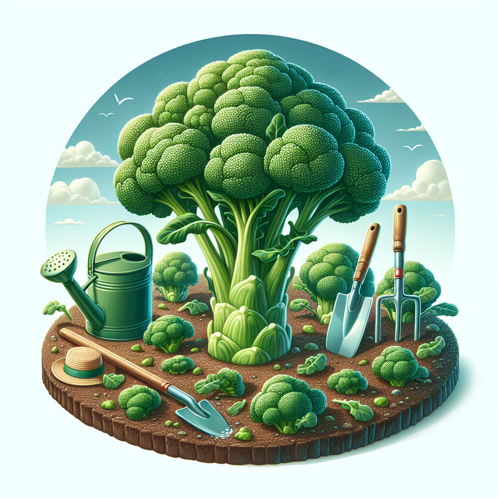 An image illustrating an organic garden with freshly grown broccoli thriving healthily. Emerging from the soil are bright green stalks topped with fluffy, dense clusters of florets. No sign of harmful pests like cabbage loopers in sight. Garden tools like a watering can and a gardening hat are placed near the broccoli patch, suggesting attentive care. The sky above is clear, symbolizing the safe conditions of the broccoli. Remember, no people, text, or brand logos are to be depicted in the scene.