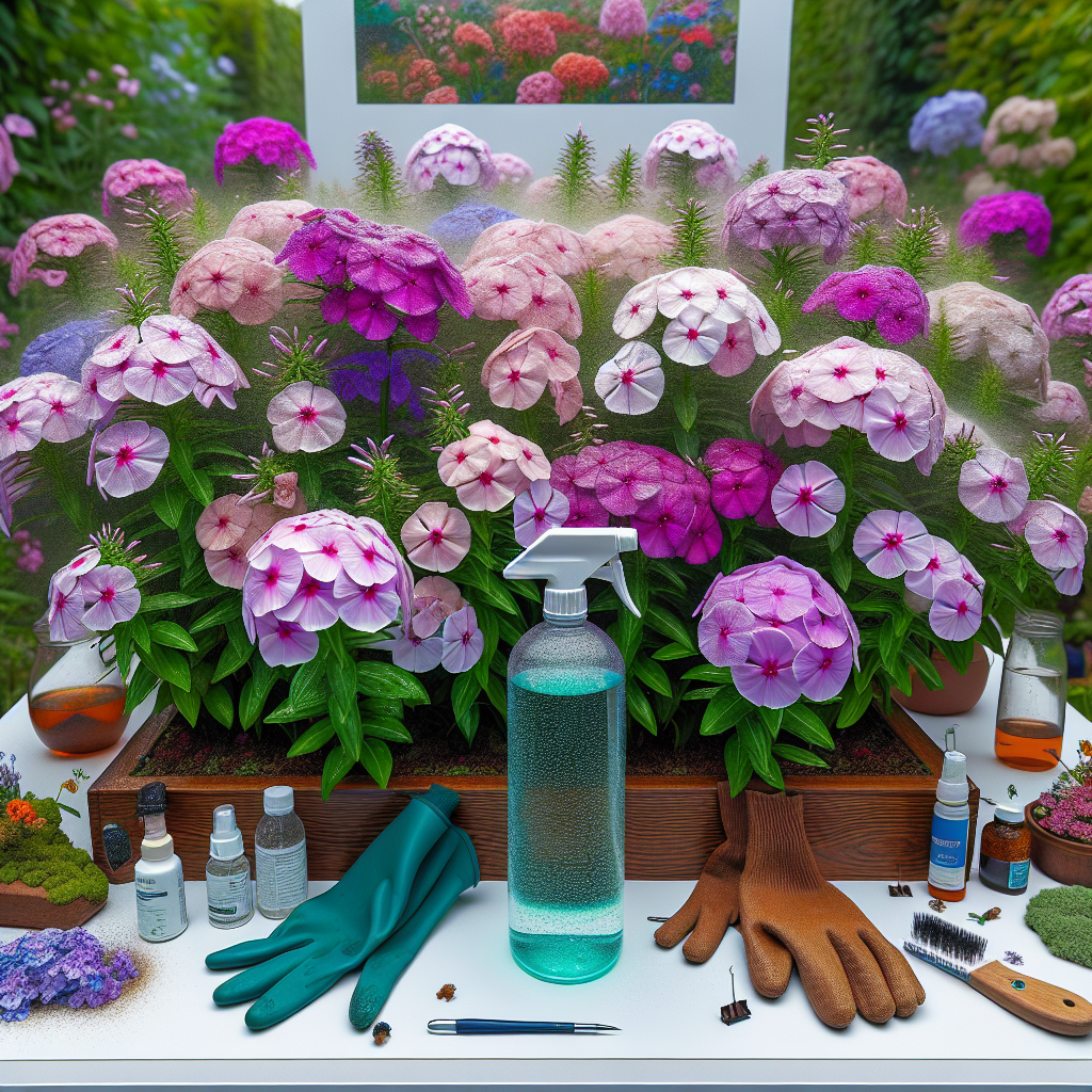 A visual display of phlox plants in a garden environment, showcasing their vibrant colors. They appear moist, perhaps due to recent rainfall. The occasional spot of mildew can be seen on a few leaves. Beside the plants, there's a nondescript spray bottle containing a liquid, with droplets visible on some of the mildewed leaves. Nearby, a pair of gloves and a small scrub brush are placed, signifying the manual labor involved in mildew removal. There are no people, brand logos, or text displayed in the image. The scene is set in an open-air garden, under a clear, slightly cloudy sky.