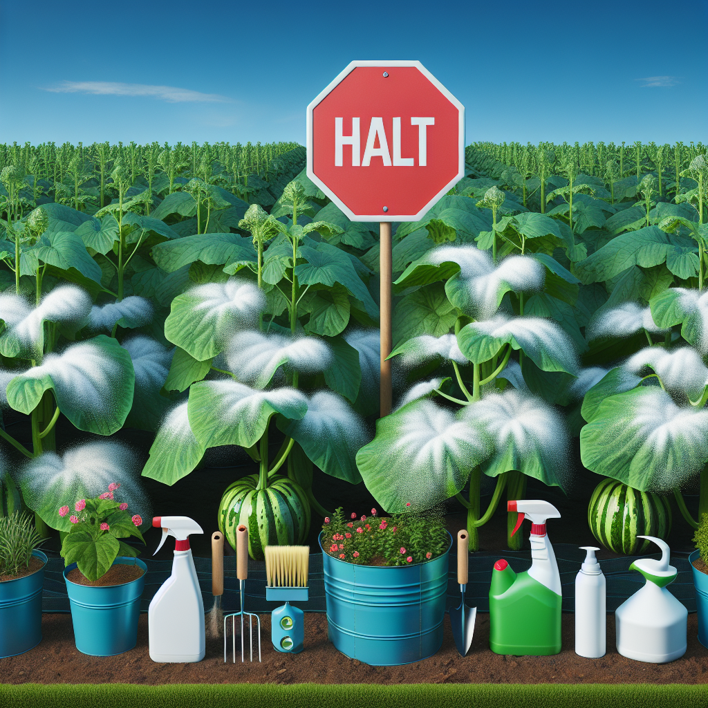 A vivid, lush garden cultivating diverse squash plants with broad green foliage. Powdery mildew, characterized by white, dusty spots, is creeping in from one corner. Centered in the scene is a halt sign symbolizing preventative measures. Nearby, safe and eco-friendly gardening tools and sprays are displayed, ready for use. They are completely generic, devoid of text and brand names. The azure sky overhead is clear, embodying the aim of keeping the squash plants free from mildew. The scene is void of human presence, emphasizing the focus on the plants and their ailment.