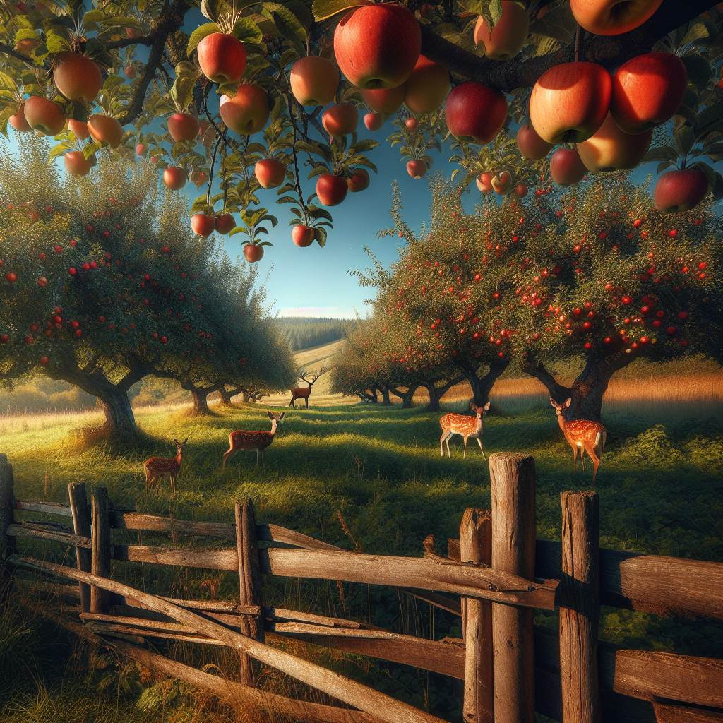 A serene, rustic scene in the middle of fall where ripe, juicy apples hang low on fully grown apple trees, with bright green foliage, against a crisp, clear, blue sky. In the close foreground, a sturdy wooden fence surrounds the grove, acting as a barrier. In the distance, a curious family of gentle deer are observed, kept at bay from the orchard by the fence. They are peacefully grazing on the lush, open grassland beyond the trees. With no traces of any human presence, the balance between animals and the environment is maintained, preserving the apple trees from harm.