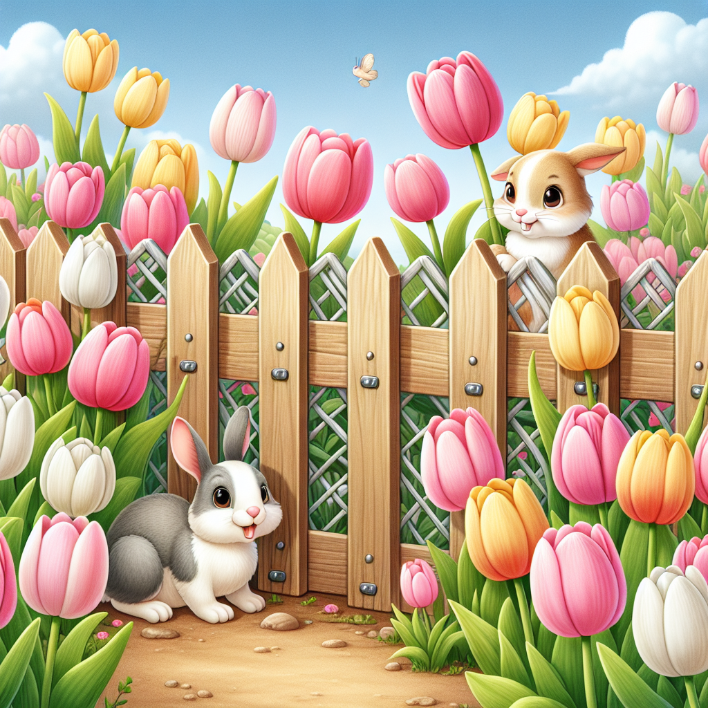 An illustrative image displaying a nature-focused scene. A spread of beautiful, vibrant tulips across various colors like pink, yellow, and white, are majestically appearing in the foreground. Nearby, a wooden, mesh-style, non-branded fence is surrounding the tulip garden, acting as a barrier. A couple of quaint, cute rabbits can be seen outside the fence, curiously peeking at the flowers but unable to access them. The sky above is a clear, sunny blue. No human characters or brands are present within the scene. It provides a natural, charming representation to deter rabbits from eating tulips.