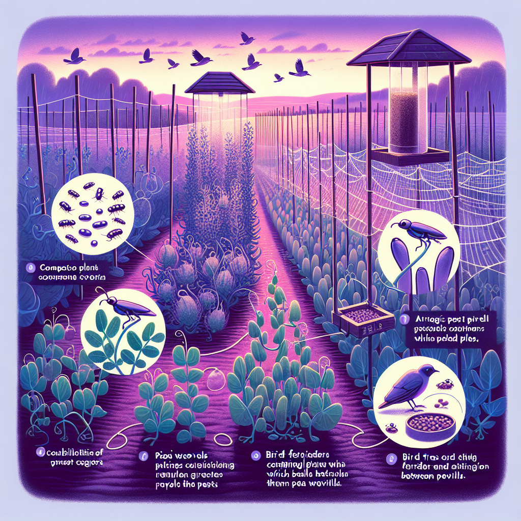 A detailed scene showcasing various methods of pest control in a pea garden. To signify pea weevils, depict small, harmless-looking insects wandering around the pea plants. Include organic pest control methods such as cultivation of companion plants which repel the pests, bird feeders attracting birds that feed on weevils, and traps with baits carefully placed between the plant rows. Capture the recently rained-on garden in the twilight's graceful purple hues, providing the scene with an ambiance of tranquility, highlighting the symbiosis between nature's elements and human intervention.