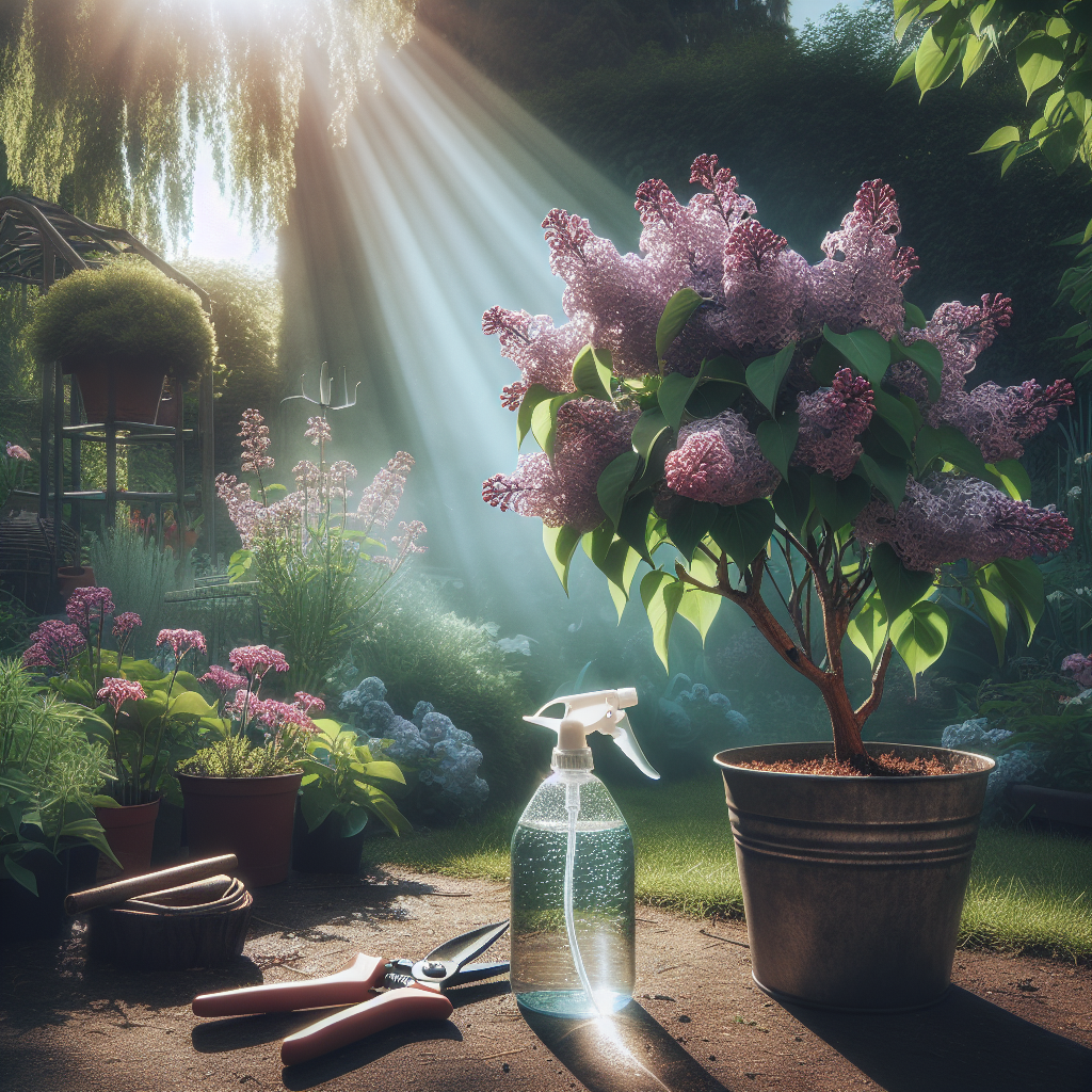 A peaceful scene within a garden during the day. The star of the image is a lovely lilac bush with healthy purple flowers basking in the sun. Beside it, a pair of garden shears and a spray bottle filled with a clear solution, suggesting a method of protection against plant diseases. The garden setting is well-maintained and lush, with various plants and flowers surrounding the lilac bush. Use creative liberties to add details that further communicate the concept of 'guarding against blight' without the use of text or people.