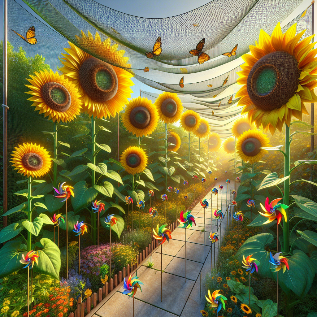 A vibrant scene in a garden, where tall sunflowers with bright yellow petals and large brown centers sway gently in the breeze. Netting is stretched over the sunflowers to deter birds, subtly camouflaged within the green foliage for minimal visual impact. Scatterings of color contrasting pinwheels are strategically placed among the sunflowers, their motions serving as an additional deterrent to the birds. Highlights of the concrete garden path and the sun gleaming from a cloudless sky add depth to the scene. There are no logos, brand names, or people in the image.