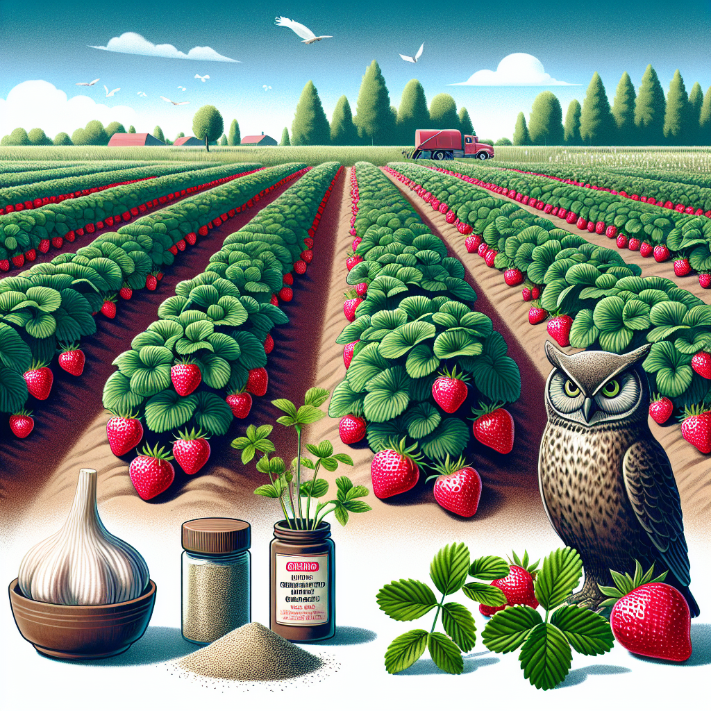 An illustration showing a strawberry field with several rows of ripe, glistening strawberries. In the foreground there are simple, homemade deterrents strategically placed to keep mice away. These could include granulated garlic scattered on the ground, peppermint plants growing around the edges of the field, and a realistic owl statue perched nearby. The scene is set during the day under a clear sky. There are no people, brand names, text, or logos present in the image.