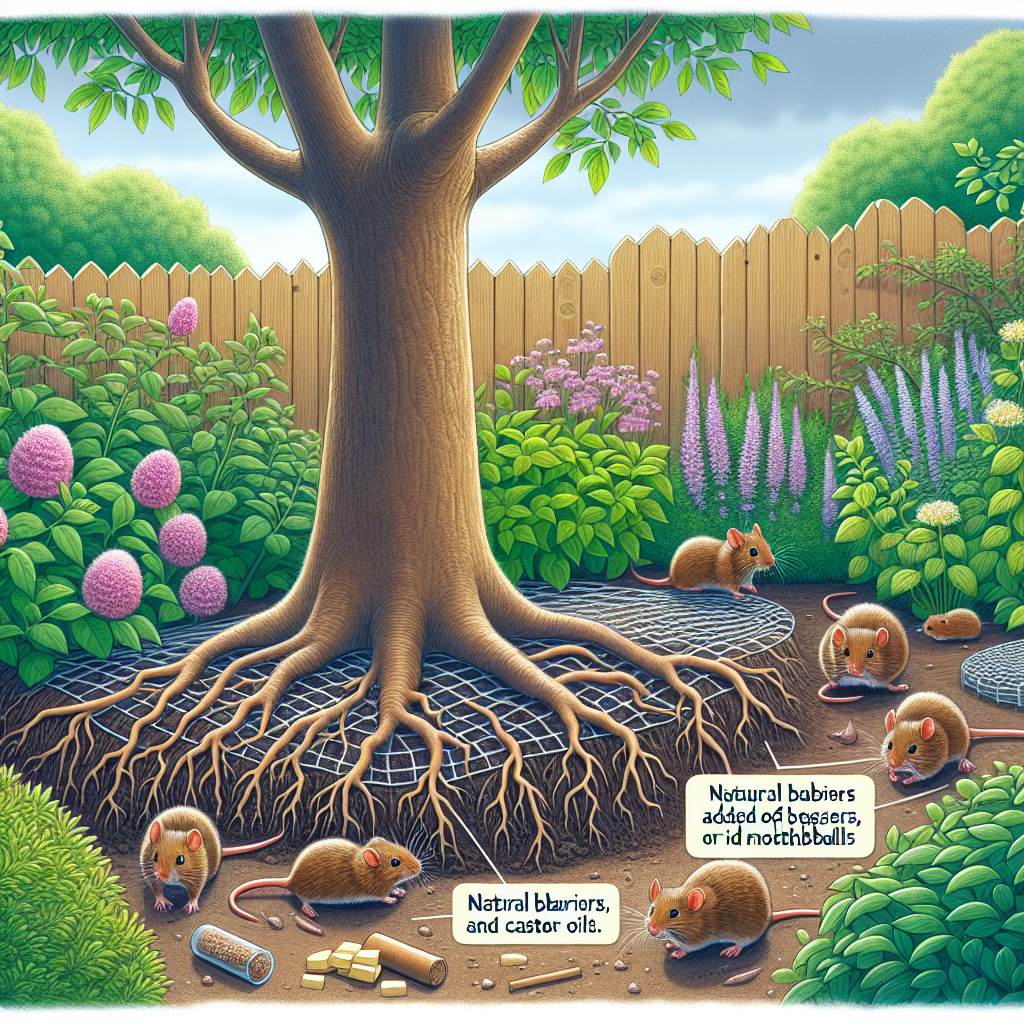 An illustrative scene showing a garden environment with a pleasing variety of trees. The roots of these trees are strongly visible and appear untouched by any creatures. A bunch of voles are visibly deterred by the natural barriers added around the tree roots such as mesh, fencing, or shields. The voles look confused and are turning away from the tree roots. Also, various methods of natural deterring agents like garlic, mothballs, or castor oil are shown scattering around without any text or label on them. All visuals are brand-free and devoid of human presence.