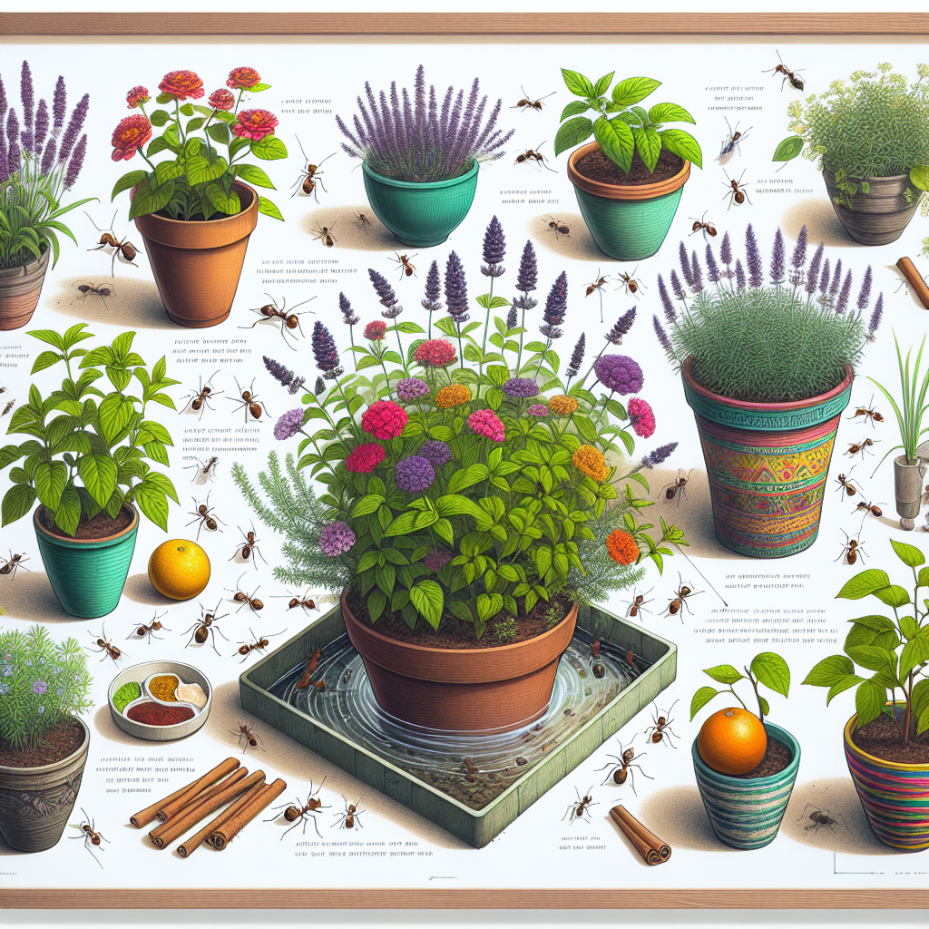 A detailed representation of a well-kept indoor garden, featuring multiple potted plants of different colourful species, varying in size and shape. A visual arrangement of natural ant-repelling plants, such as lavender and mint, can be seen scattered between the pots. Also depicted is a drawing to illustrate the usage of a water-filled tray beneath a potted plant, acting as a moat to prevent ants from reaching the plant. Include cinnamon sticks and citrus peels near the potted plants, recognised as organic and effective methods to deter ants.