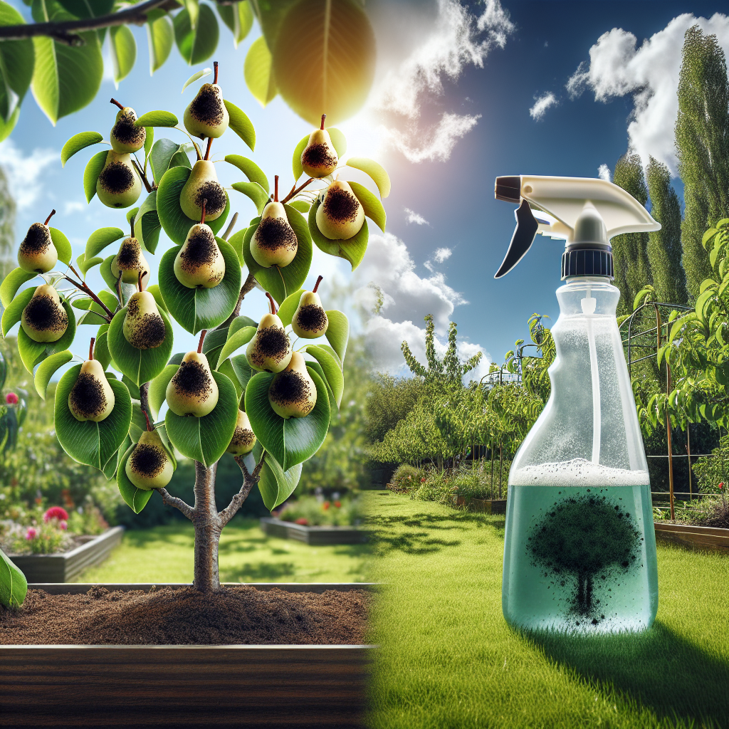 A scene of a lush garden showcasing several healthy pear trees under the bright blue sky. A few of the trees are showing initial signs of black spot fungus with dark spots on their leaves. A juxtaposed image depicts the tools used to combat the black spot: a spray bottle filled with a homemade, organic solution. This scenery doesn't contain any humans, text, brand-names, or logos.