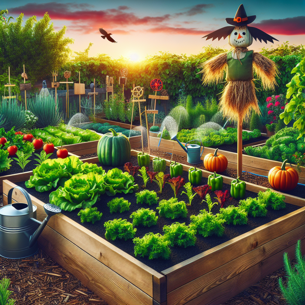 An image depicting a bright and healthy raised garden bed. Different sorts of vegetables like tall tomatoes, leafy lettuce, and robust pumpkins are spread throughout the plot. To deter cats, natural deterrents are visible - among them, an array of prickly rosemary herbs along the outer edges, a scarecrow shaped like a static bird perched on a pole, and a simple, homemade water sprinkler system installed. All of these items are sans text or brand names. The sky is set against a backdrop of a sunset which reflects reddish hues on the lush garden.