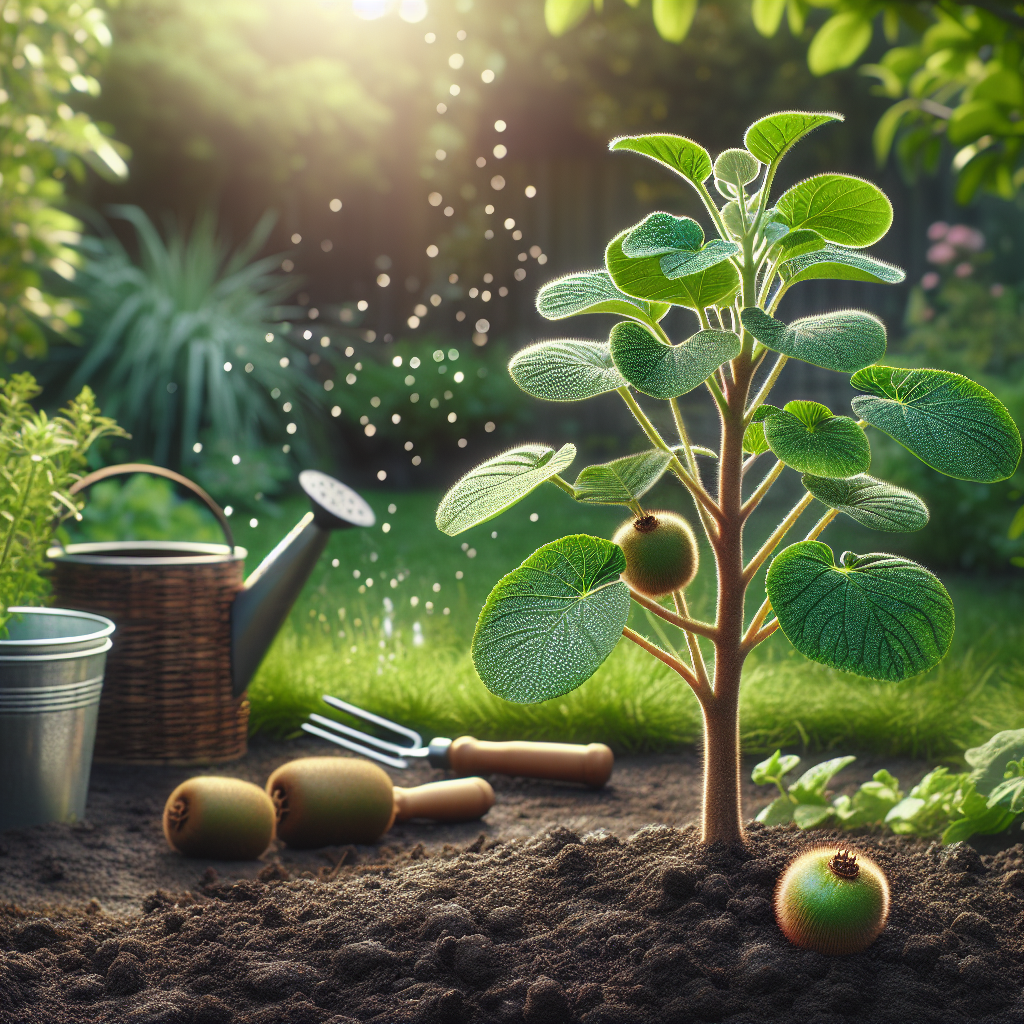A thriving kiwi plant in a lush garden, illustrating healthy plant care techniques to protect against crown rot. The plant has vibrant green leaves and a sturdy stem, standing proudly in rich, well-drained soil. There are no visible signs of disease on the plant, showing that it's well-guarded against crown rot. In the background, a set of gardening tools - a watering can, a pair of gloves, and an organic fungicide spray bottle - hint at the care taken to maintain the plant's health. The scene is peaceful and devoid of people, brands, text, and logos.