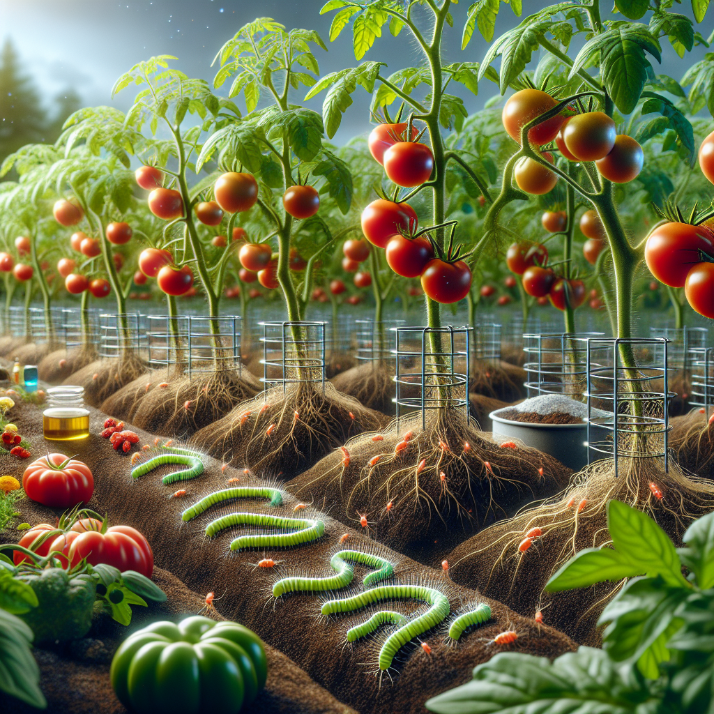 This image showcases a lush green tomato garden, with stalks bearing vibrant red tomatoes woven intricately onto trellises. The soil around the roots appears to be fortified with vital nutrients. Visible in the soil, barely perceptible to the naked eye, are tiny nematodes; however, these pests appear to be actively repelled or stopped from invading further into the vegetable beds. Additionally, devices and natural methods, like marigold plants or a garlic extract solution, are depicted being used for the purpose, enhancing the overall atmosphere of a healthy, productive garden, safe from any destructive nematode invasion.