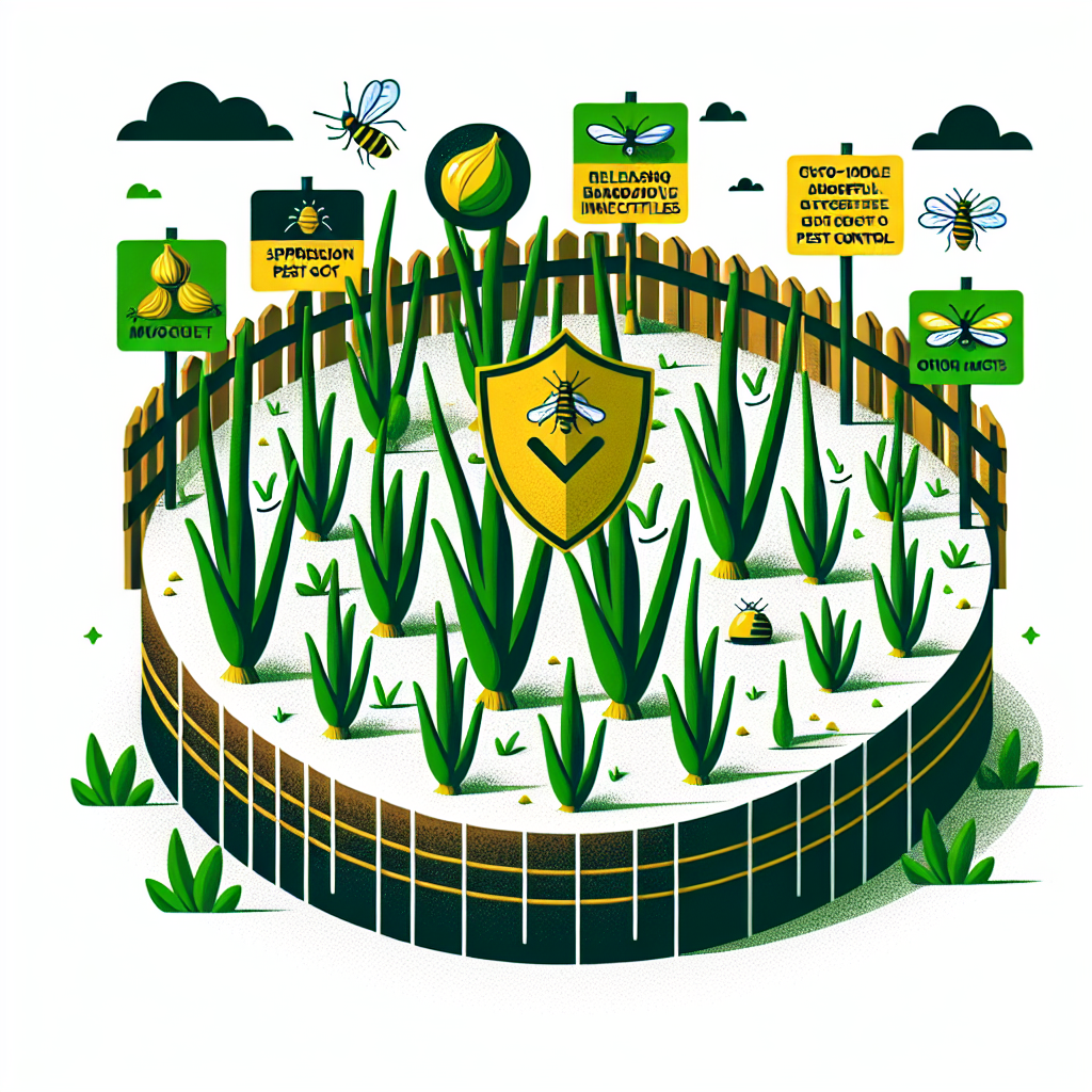 An illustration representing the prevention of onion maggots in onion beds. It should depict a healthy, green onion bed with a thick layer of mulch suppressing pest activity. Moreover, there should be symbolic elements like a barrier or shield indicating protection against onion maggots. It may also be helpful to visualize eco-friendly practices like releasing beneficial insects or using yellow sticky traps for pest control, although no actual insects should be visible. Exclude any human presence, text, brand names or logos.