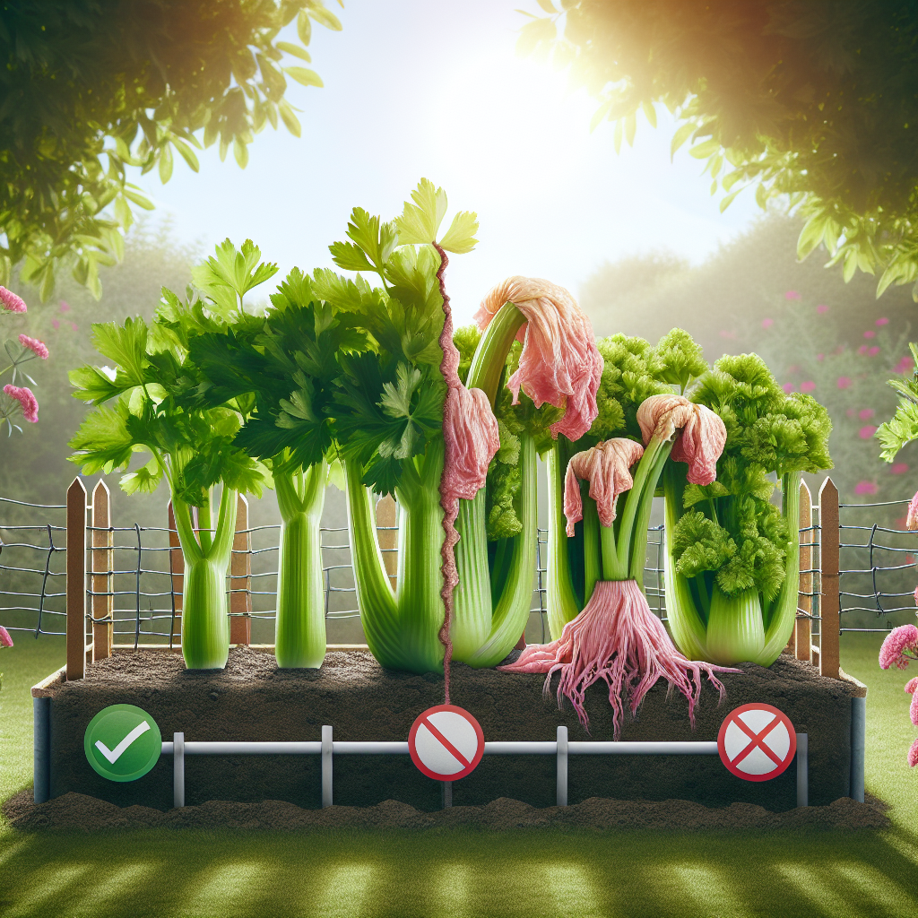 An image conceptualizing the process of protecting celery from pink rot: A bright, healthy, verdant celery plant on the left side of the image, while on the right side, a celery plant displaying signs of pink rot — withered, frayed edges, and a pinkish discoloration — is displayed as a warning. In the middle, a symbolic barrier exists in the form of a garden fence, symbolizing the protective measures. The backdrop is a sunlit garden setting, with no logos, brand names, people, or text in the image.