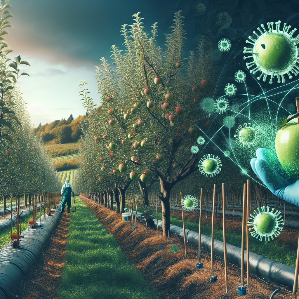 A detailed visual representation of apple trees disease prevention. It's an orchard with mature apple trees under a serene sky. Guarding the orchard are farmer tools for organic pest control. Close up, a tree bearing green apples, its leafy branches showing signs of health. Superimposed, subtle illustrations of virus cells fading away. The scene gives an impression of successful battle and overall health of the orchard. There are no humans, text, brand logo or name present in the image.