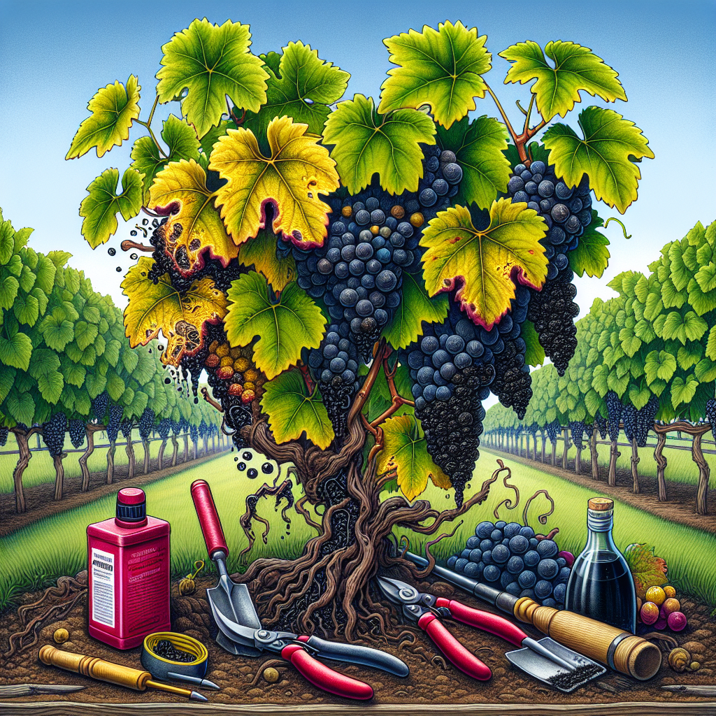A detailed illustration of a grapevine infected with black rot; the leaves are yellow and the grapes are shrivelled and blackened. You can clearly notice the contrast with a healthy grapevine, its leaves lush and green, with plump, juicy grapes growing on it. Nestled between the grapevines, are an array of gardening tools, like pruning shears, garden gloves, and a bottle of an unlabelled organic fungicide. The setting is an outdoor vineyard, distinct rows of grapevines stretching into the horizon under a clear, vivid blue sky.