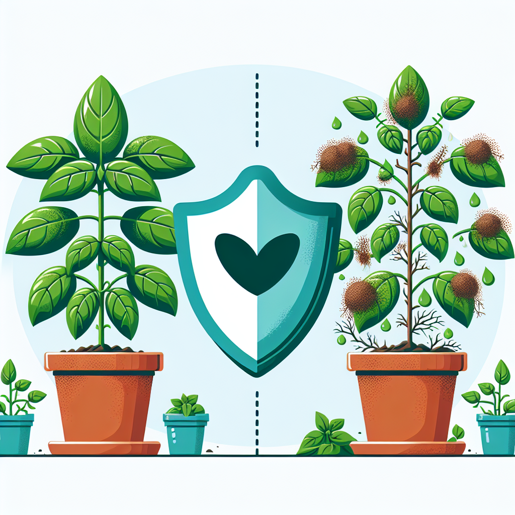 An illustration displaying the process of protecting basil plants from a disease known as Fusarium wilt. The scene shows a healthy verdant basil in a terracotta pot standing on the left side and, on the right, an infected basil plant exhibiting clear signs of the illness - wilted leaves, brown discoloration, etc. Between them, a shield or barrier is implemented to symbolize protection. No people or brand names are present.