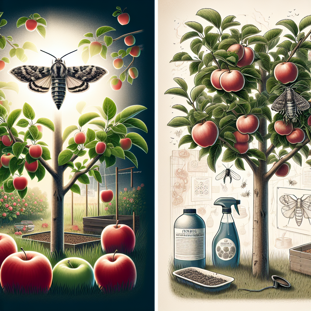 An illustrative and informative image showcasing two different scenarios side by side. On the left, a healthy, vibrant apple tree, full of lush green leaves and ripe, juicy apples, basking in the sun. On the right, a depiction of an apple tree being invaded by little gray and brown enemies - the codling moth. A moth is shown laying eggs on the apples hanging from the tree branches. In the background, faint outlines represent the key tools for prevention, such as moth traps and a spray bottle with natural pesticides, but without any identifiable branding or text.