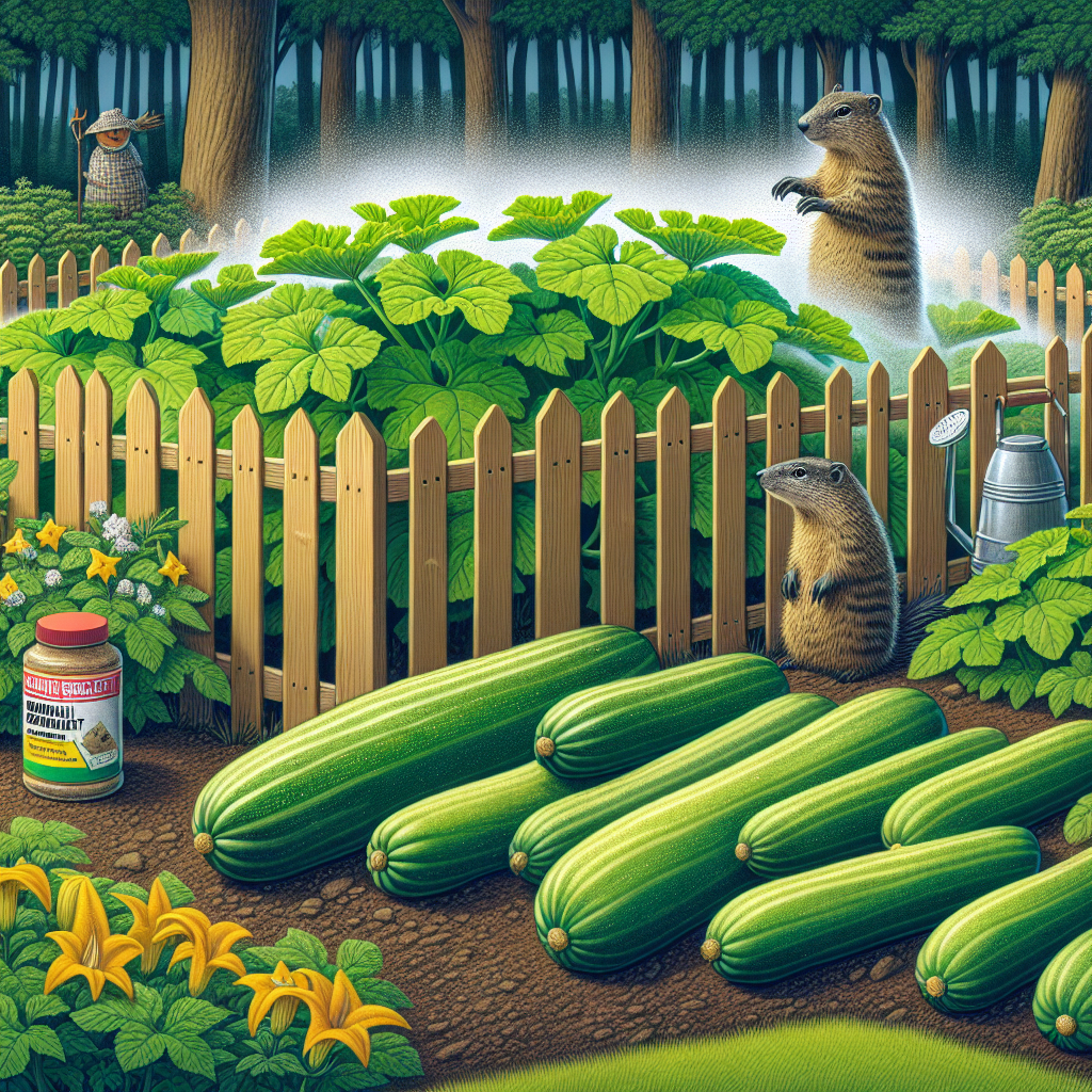 An effective way to keep groundhogs away from zucchini plants in a home garden. Without any human appearances in the image, illustrate a lush green garden fenced by wooden barriers and filled with bright, healthy zucchini plants. There should be a few groundhogs standing outside the fence, curiously looking inside, but unable to penetrate. The image should also depict some natural repellent substances, such as sprinkled repellant powder around the plants, and a scarecrow in the garden, all without any text or brand names visible.