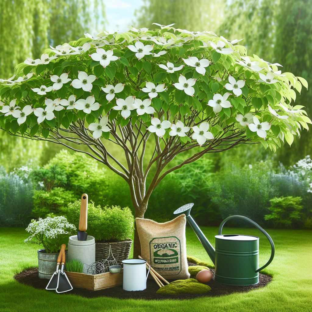 An image depicting a healthy Dogwood tree with lush, green foliage and beautiful, white, star-shaped flowers. The tree is located in a serene garden environment, surrounded by a lush, green lawn. Around the base of the tree, there are various organic gardening tools such as a watering can, a bag of organic fertilizer, and pruning shears, strategically placed. Please make sure no text or logos appear within the image.