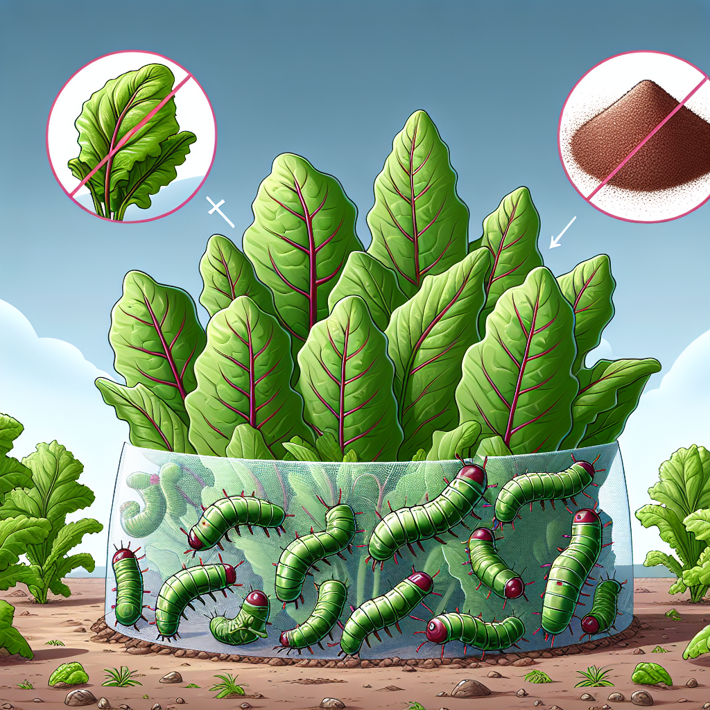 An agricultural scene illustrating the beet armyworm's impediment to leafy green plants. Display a pile of luscious, healthy leafy greens on the left. Next to it, show a menacing group of beet Armyworms preparing to invade. To signify 'deterring', show a clear, protective barrier separating the plants from the armyworms, perhaps a natural deterrent like neem leaves or a ring of chili pepper powder. Ensure no people, text, or brand names are present.