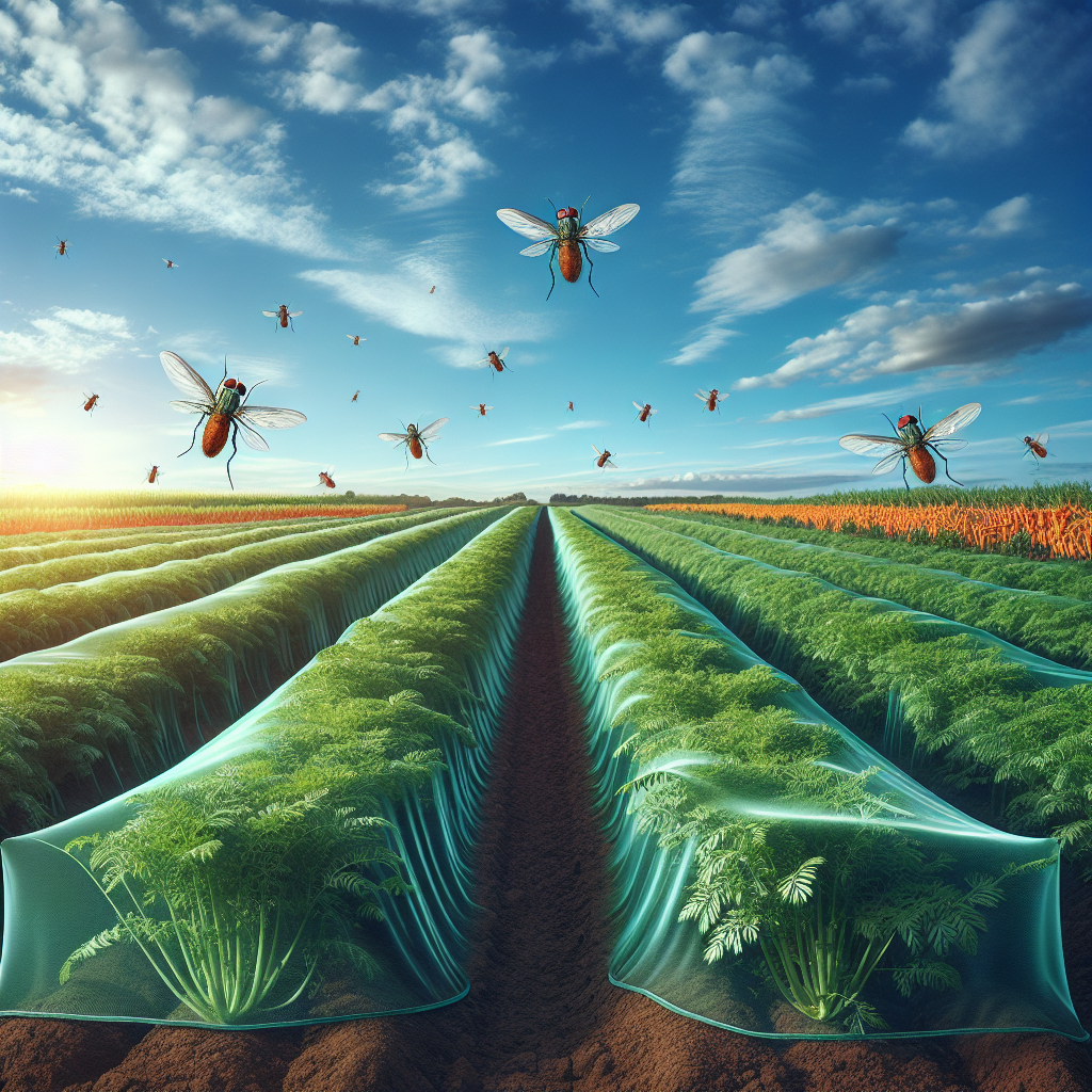 An image of a bountiful field of carrot crops under a beautiful blue sky. Part of the scene is a protective invisible mesh covering sections of the crops. On the side, couple of rust flies are depicted, separated from the crops by the mesh. The image will communicate the idea of protection against carrot rust flies without the use of text or human presence, and also devoid of any brands or logos.