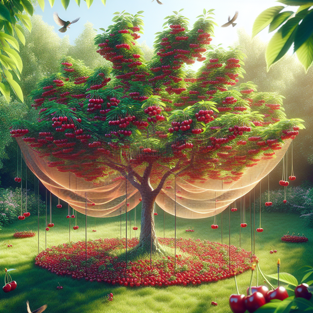 Visualize a picturesque cherry tree in full bloom with ripe, red cherries hanging off the branches. A carefully arranged netting system is installed around the tree to deter birds from reaching the fruits. The scene is placed in a lush green garden, dappled with sunlight filtering through. There are a few birds hovering around, but they appear unable to reach the cherries due to the protective barrier. There are no people, text, brand names or logos present in the image.
