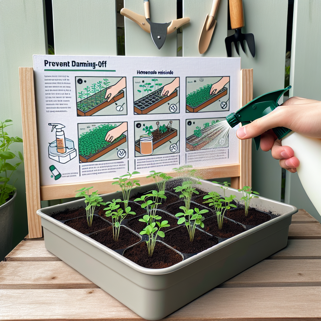 An up-close view of a seedling tray filled with green seedlings, showing healthy growth. On one side of the tray, there is a white, homemade mixture being sprayed on the seedlings, preventing damping-off disease. Nearby, there is a guide with illustrated steps on how to prevent damping-off but without any text. The background includes a light-colored fence, implying an outdoor setting, and hung on the fence are gardening tools: a small shovel, a water spray bottle, and a pair of gloves.