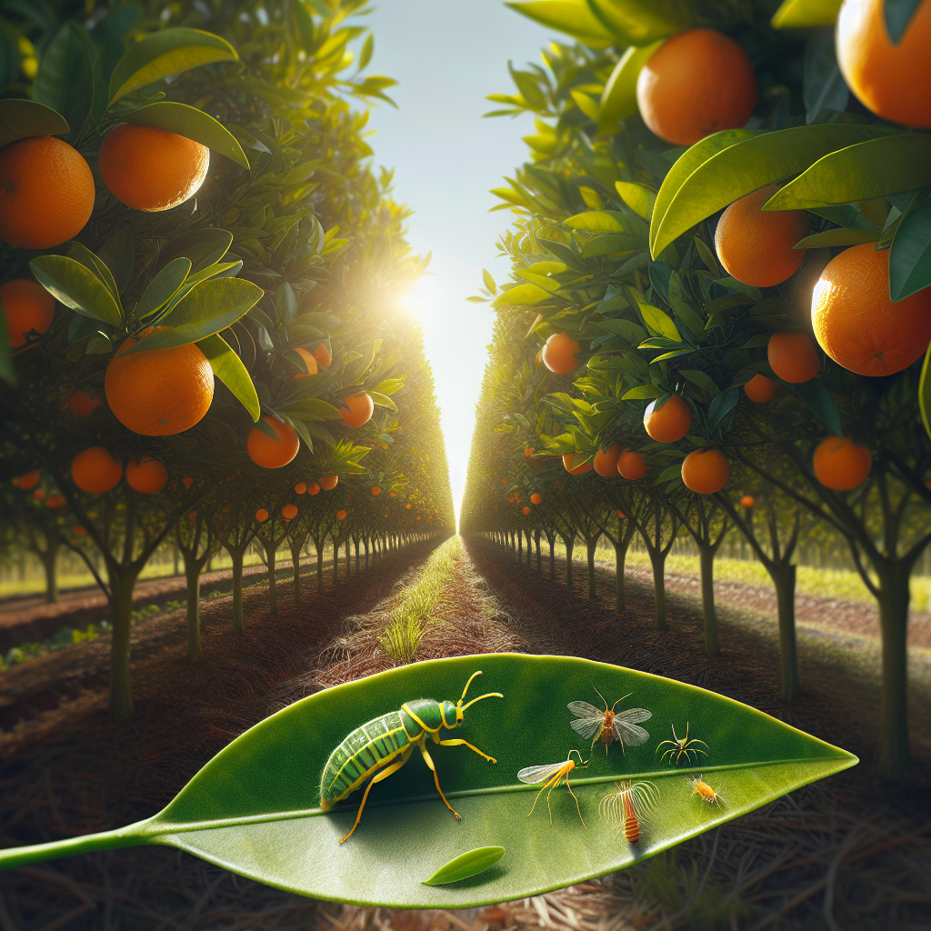 An array of robust and healthy orange trees extending into the horizon on a sunny day. Each tree is dense with glossy, vibrant leaves and ripe, sun-kissed oranges. On a close-up leaf, a tiny citrus leaf miner insect is subtly seen. Nearby, a photographic description of natural predator insects, such as parasitic wasps and lacewings, commonly known to guard against leaf miners. Showcasing a balanced ecosystem where these natural predators keep the leaf miner population in check. The scene is devoid of human presence, text, brand names, or logos, as per specified requirements.