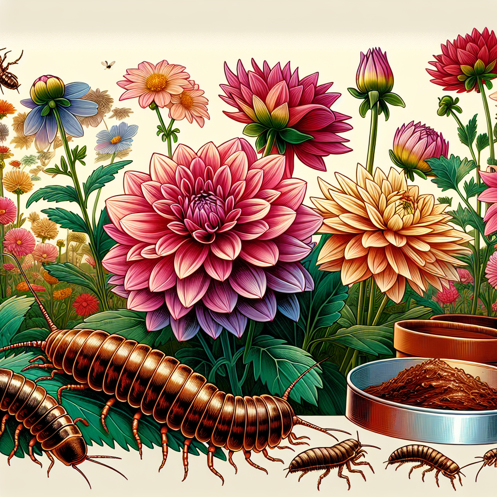 An illustration exhibiting a close-up view of a beautiful garden scene with blooming Dahlia flowers in various vibrant colors. Among the flowers, earwigs can be seen crawling, but there are natural deterrents present to prevent them from causing harm. Such deterrents could include a natural remedy like a dish filled with soy sauce and oil, or barriers like copper tape placed around the plant base. Highlight the struggle between the pests and the flowers as well as the inventive methods used to protect the gorgeous bloom, all in the absence of human characters.