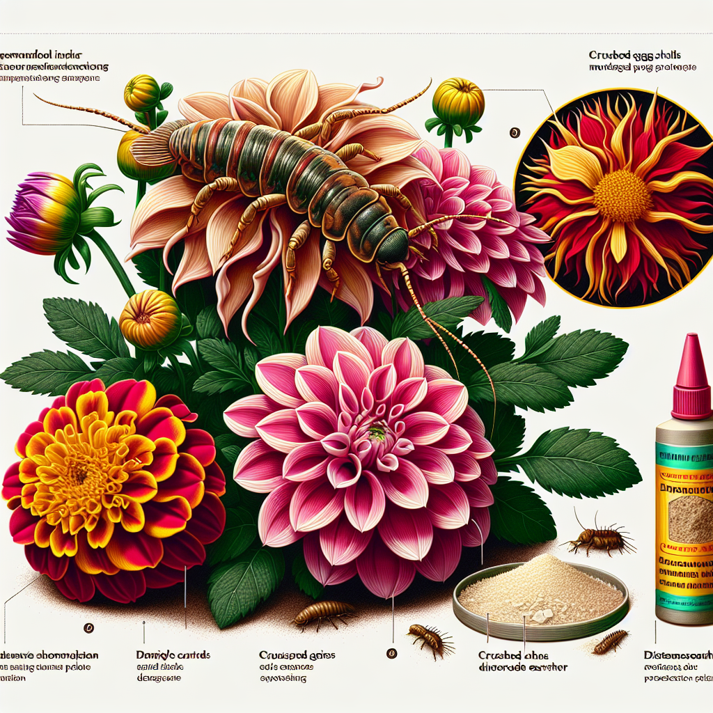 An informative visual guide focused on dahlia and marigold flowers, which are damaged by earwigs. The image shows intricate details of the flowers with noticeable nibble marks, also an earwig lurking nearby. It also includes some natural earwig deterrents such as crushed egg shells and diatomaceous earth, placed strategically around the colorful blooming flowers for protection. Note that the image does not include any humans, text, brand names, or logos to keep the focus strictly on the plant protection strategies.