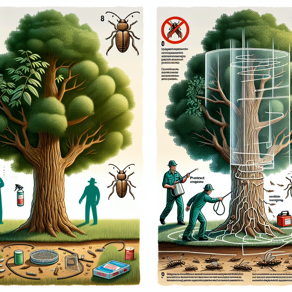 An illustration demonstrating the protection of hickory trees from hickory bark beetles. On the left, depict a hickory tree in its natural environment appearing strong and healthy. The mid-part of the image shows the close-up of a hickory bark beetle. On the right side, show some form of protection measures such as insecticides being sprayed, traps set up around the base of the tree, or a physical shield around the trunk - all free from brand names or logos, with no humans present. Make sure there is no text on any elements in the scene.