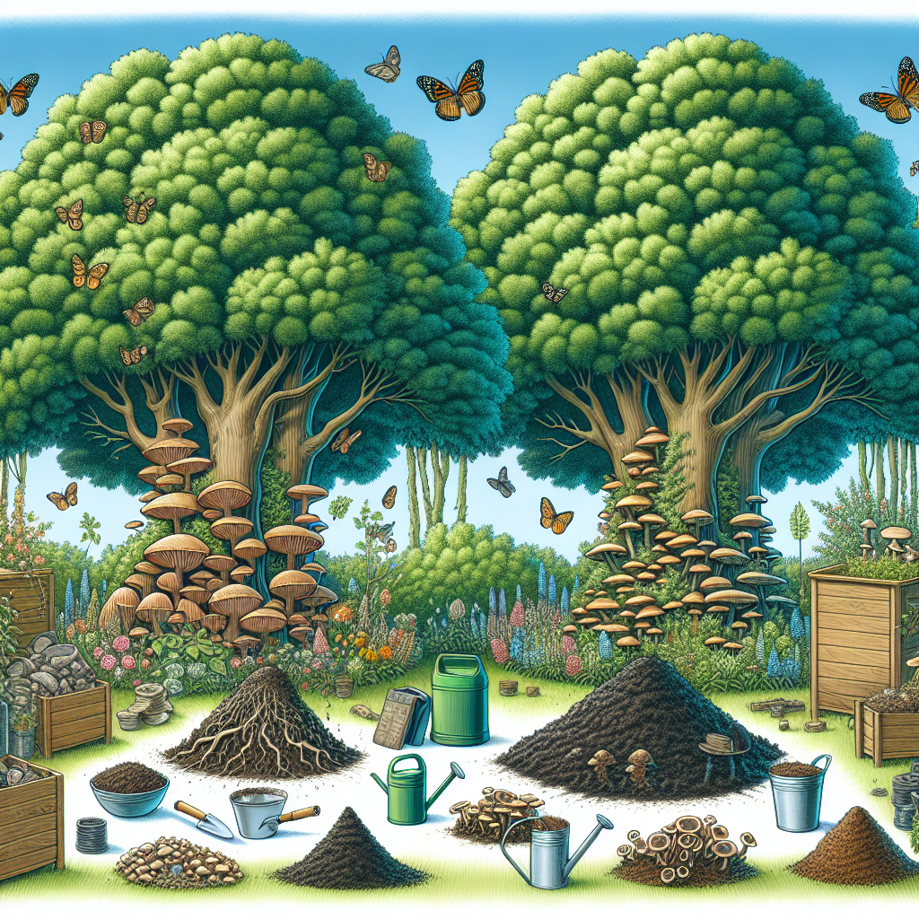 An image describing the process of maintaining a healthy garden free from Honey Fungus. Several mature trees dominate the scene, their tall sturdy trunks and expansive, green canopies portraying a vibrant ecosystem. At the base of the trees, heaps of compost and mulch are spread around, serving as preventive measures against the mushroom disease. A few Honey Fungus mushrooms are visible around one of the trees, symbolizing the gardening challenge. Various gardening tools such as a compost bin, watering cans, and a pair of gloves lie nearby. Amidst the foliage, birds chirp and butterflies flutter along the flowers, portraying life in the garden.