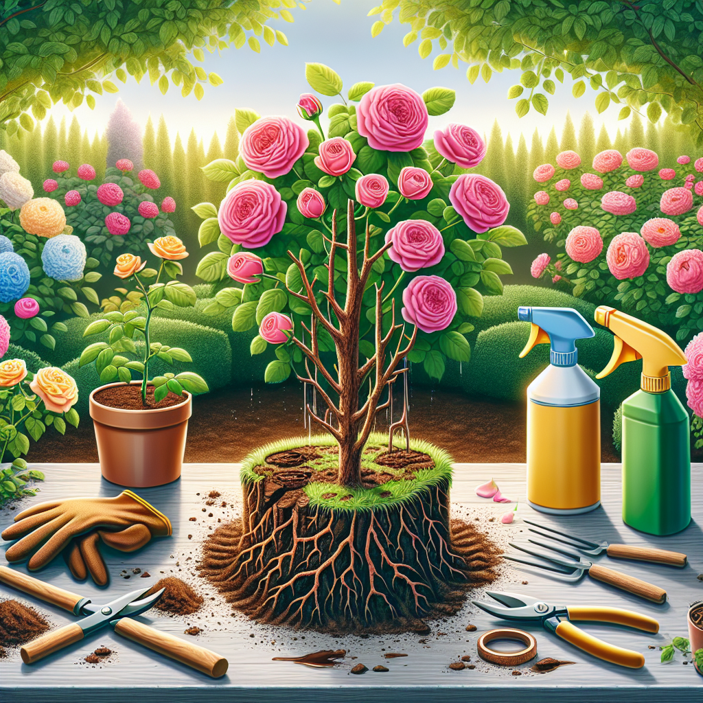 An image depicting the theme of protecting roses from stem canker. The scene displays a variety of healthy vibrant roses in full bloom contrasted against a single rose afflicted with the brown, sunken areas denote stem canker. Nearby, a set of gardening tools suggestive of intervention methods - pruning shears, gloves, and a generic bottle of fungicide spray can be seen. The setting is a well-maintained garden during daylight. Note: No brand names, logos, people, or any form of text is present in the image.