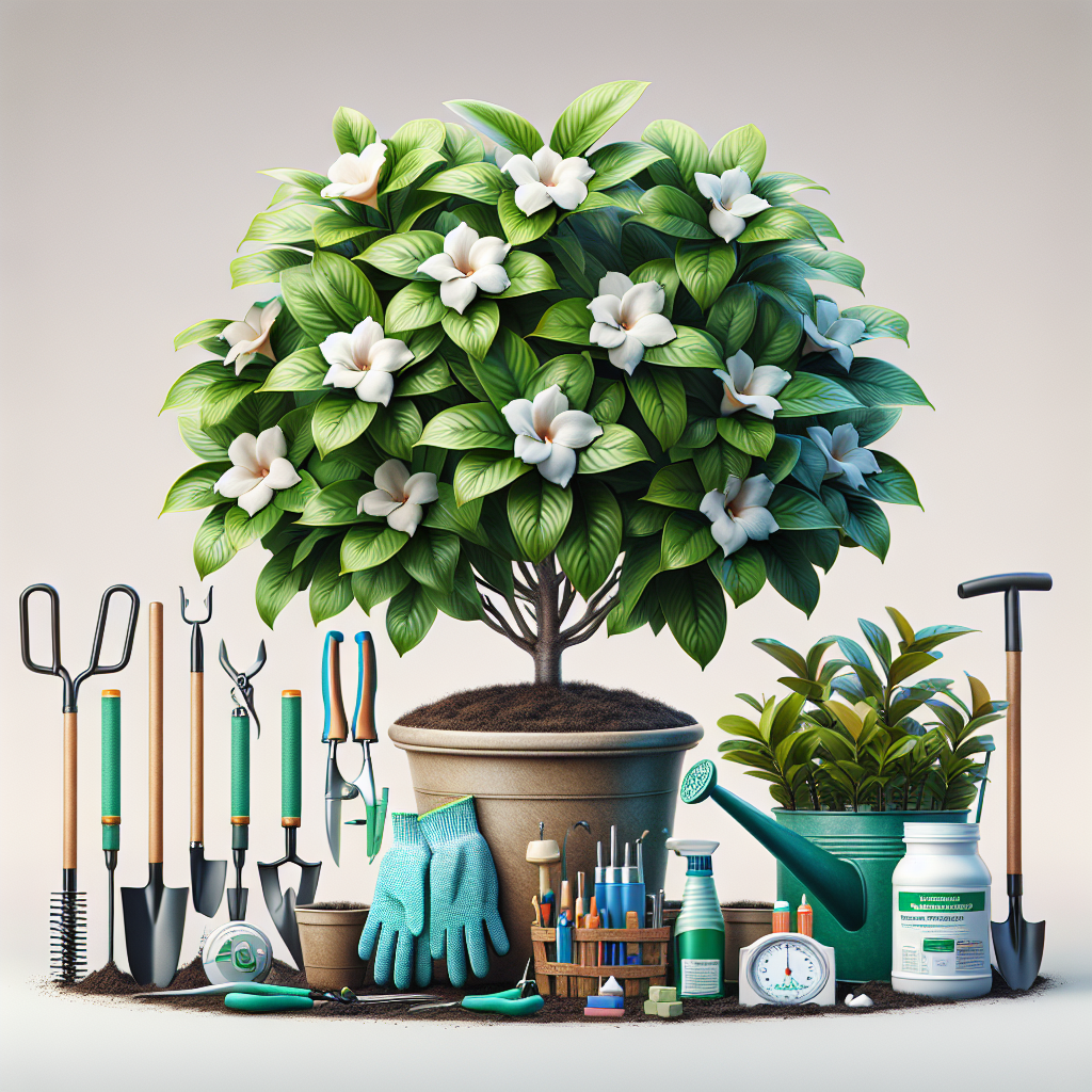 A healthy, lush gardenia plant sitting in nutrient-rich soil. An array of gardening tools such as gardening gloves, a watering can, pruners, a pH testing kit, and a bucket of slow-release iron supplements are neatly arranged nearby. The gardenia is in full bloom, showcasing its vibrant green leaves and fragrant white blossoms. The plant shows no signs of iron deficiency, symbolizing a successful prevention of iron chlorosis. The image is clear and detailed, with no brand names, logos, human figures, and text visible.