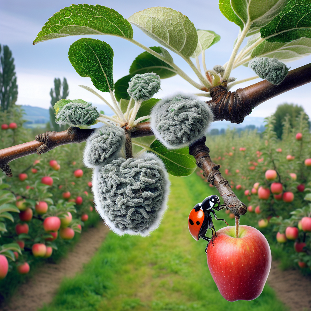 An image illustrating a rural landscape of apple orchards, with mature apple trees bearing healthy fruits. On some trees, woolly aphids can be seen - represented by a grey patchy substance on the branches. A close-up view of one branch shows a natural predator of the aphid, such as a ladybug, in an action pose symbolizing the struggle against the pests. The image is void of any human presence, text and brand names, focusing solely on the theme of pest control in an ecological context.