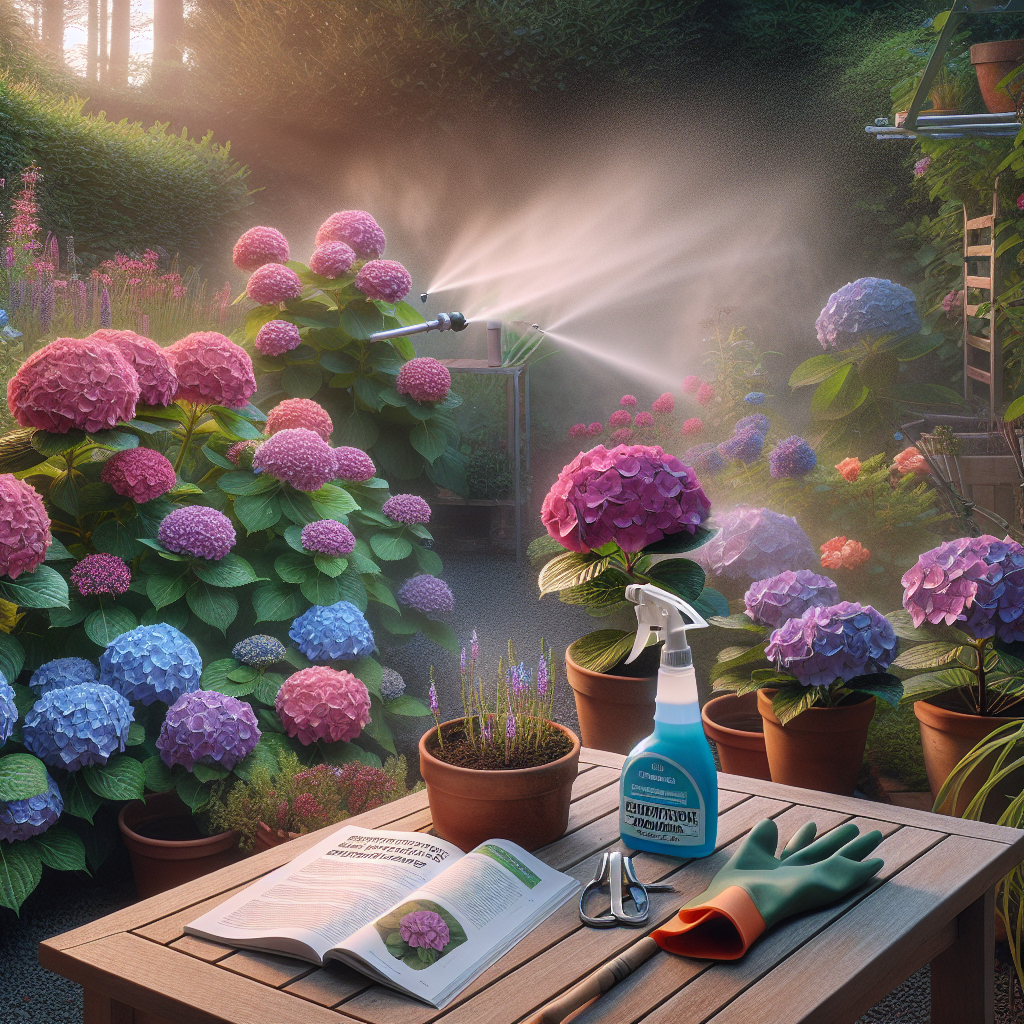 An image for an article about protecting hydrangeas from botrytis blight, without any text or people. The scene depicts a lush garden filled with vibrant hydrangeas in shades of pink, blue, and lavender. Amidst the flowers, there's a fine misting system subtly installed, releasing water droplets to create a moist environment. Nearby, a pair of unused gardening gloves, a small hand-held sprayer of anti-fungal solution, and a botanical guide about preventing botrytis blight lay on a wood patio table. The overall setting is serene and tranquil without a single brand name, logo, or human presence.