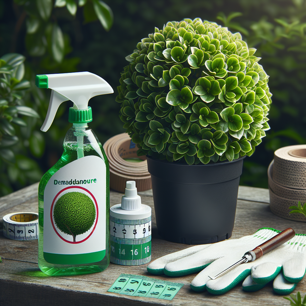An image illustrating the fight against Boxwood Blight. The composition showcases a healthy, vibrant green boxwood plant on the left side of the image, with perfectly trimmed leaves. On the right side, a pair of sterile non-branded garden gloves is seen laying next to a generic bottle of plant disease control spray. Diameter tape and a small magnifying glass are placed nearby, implying the importance of regular checking for signs of disease. No brand names or logos are visible. The scene is set in an outdoor garden environment during the day and no people are present.