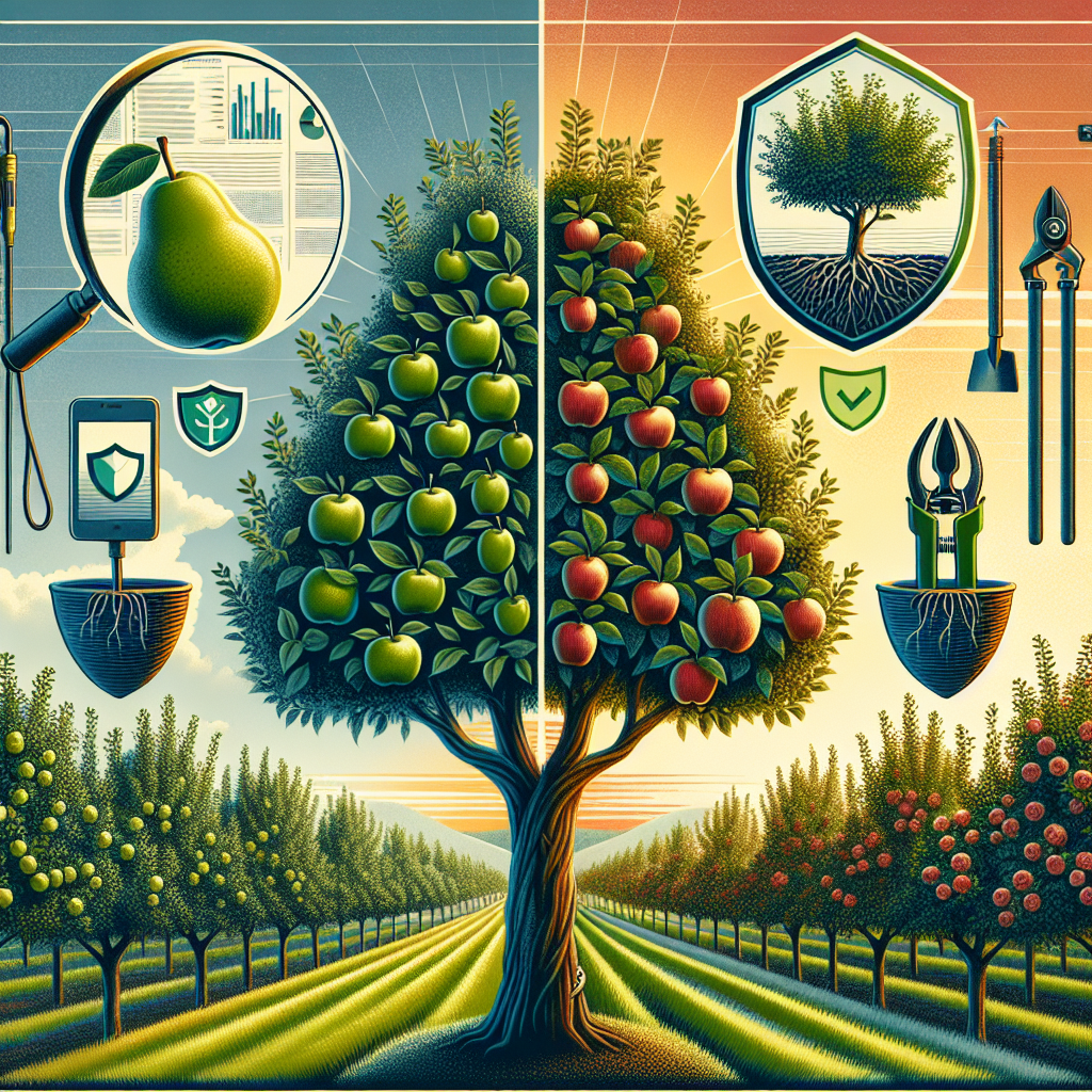 A picturesque but informative image showing apple and pear trees in an orchard. The trees are vibrantly healthy, sporting lush foliage and laden with ripe fruit. Near these trees are visual cues to represent prevention of fire blight, such as a magnifying glass to indicate inspection for disease, horticultural tools like pruners for the removal of infected branches, and a shield symbol embodying protection. Additionally, the background sky transitions from a sunset representing danger of disease to a clear sunny day symbolizing the success of prevention methods.