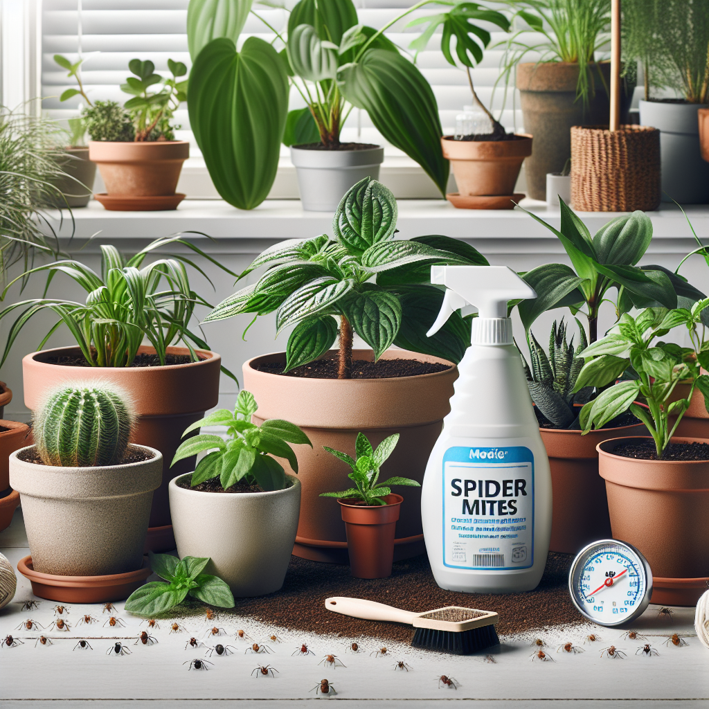 An indoor gardening scene depicting an array of houseplants efficiently protected against spider mites. Focus on displaying the preventive measures such as a spray bottle with an organic, homemade concoction, effective natural repellents like mint or garlic placed near the plants, and a small soft brush for gentle cleaning. Ensure the conditions for plant health are shown: proper lighting conditions, well-drained soil, and a hygrometer indicating optimal humidity. No individuals, text, brand names, or logos should be visible in the image.
