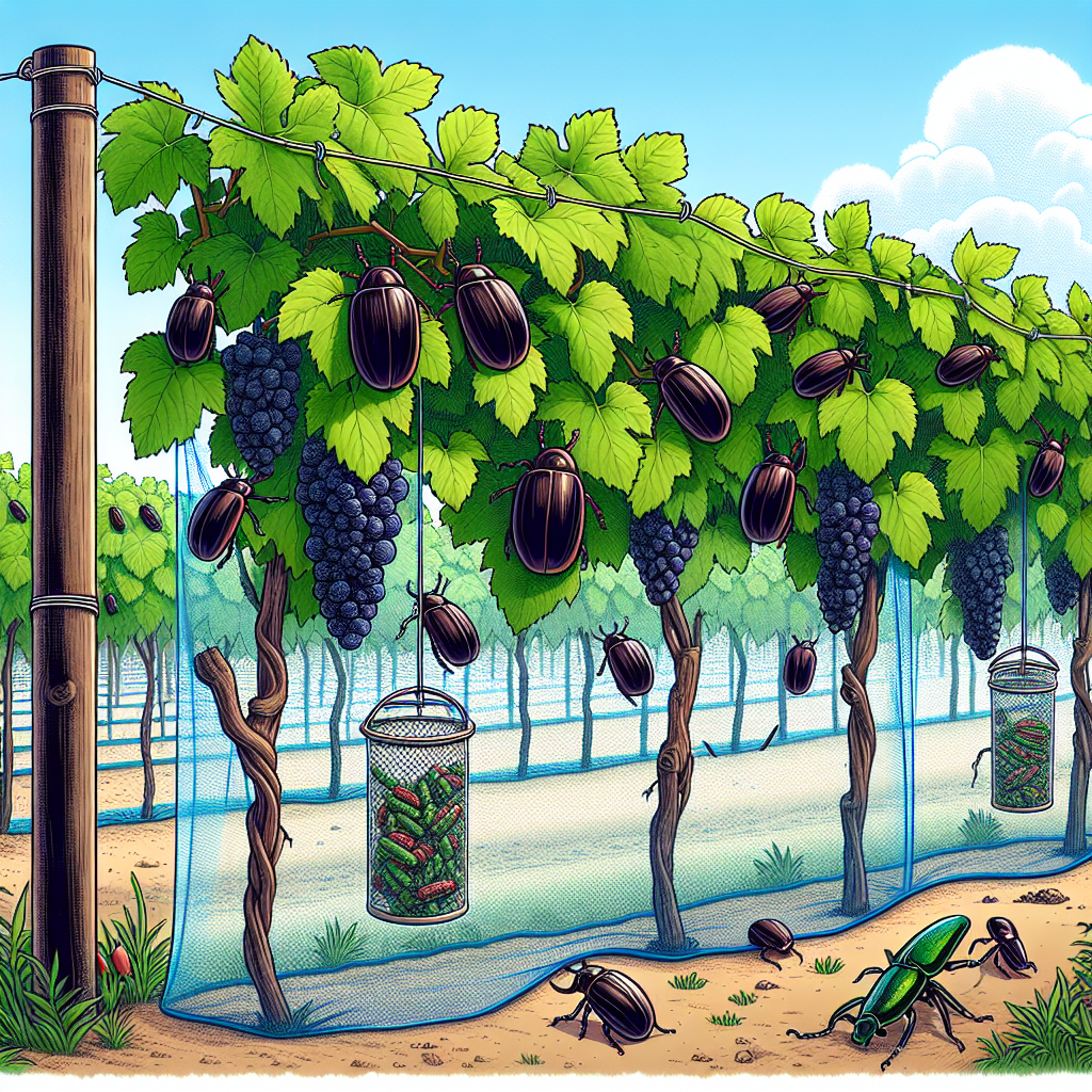 Illustrate a scene focusing on grapevines in a vineyard, covered with a protective net to deter pests. Several Japanese beetles are visible, attempting to access the healthy, dark green grape leaves but are hindered by the net. Also, depict some bio-friendly beetle traps hanging from the vine support. Do not include any humans, brand names, logos, or any form of text in the image.