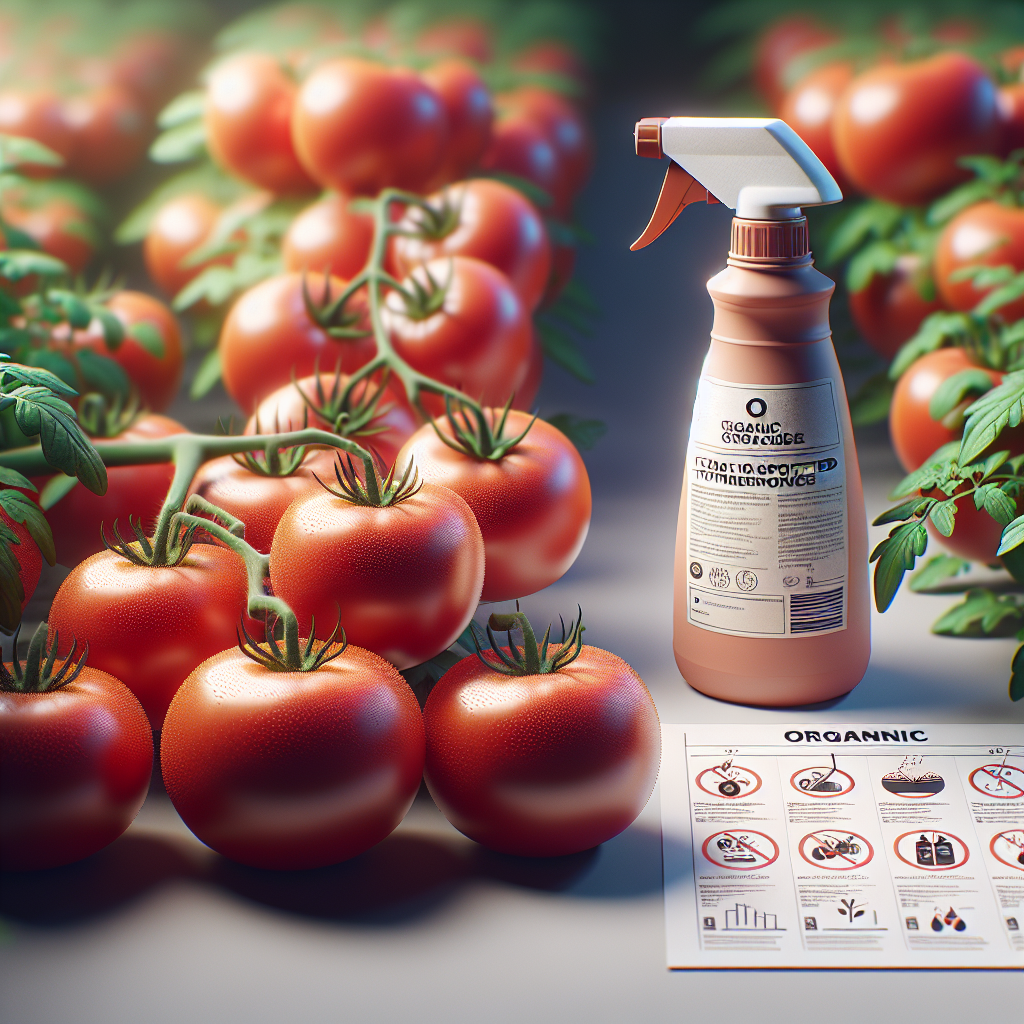 Visualize a group of healthy, ripe tomatoes growing in a garden, with their rich red skin gleaming in the sunlight. Nearby, a bottle of organic pesticide stands as a protective guard, its nozzle aimed towards the tomatoes. The pesticide is a generic one, without any sign of a brand name or logo. Also, an instructional poster illustrates the various steps to prevent the Tomato Spotted Wilt Virus. The poster uses only icons and symbols, no text. The atmosphere of the whole scene is one of proactive protection and care for the growing tomatoes.