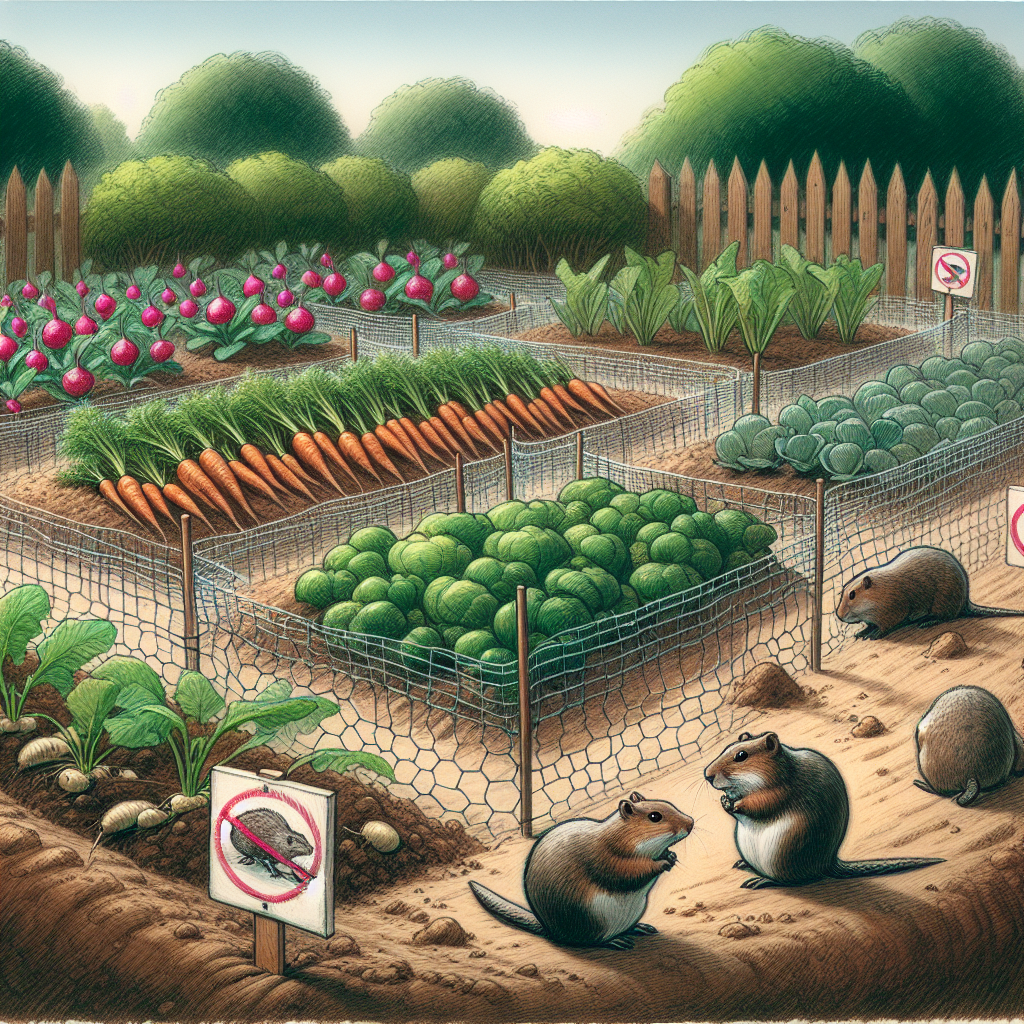 An outdoor garden scene in the daylight where root vegetables such as carrots, turnips, and radishes are growing. The soil shows signs of small barricades made of chicken wire surrounded the vegetable patches as a deterrent against gophers. Some hand-drawn signs depict prohibitive symbols, warning the gophers away. Several gophers can be seen at the edge of the garden, looking intrigued but unable to access the vegetables due to the barriers. Just beyond the garden, natural habitats like bushes and small trees are visible, offering an alternate home to the gophers.