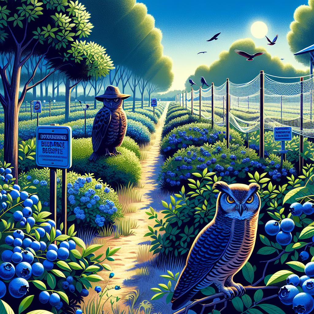A vivid illustration that captures the essence of an article titled 'Guarding Blueberries Against Bird Damage'. Picture a sprawling blueberry farm under the bright, summer sky. The blueberry bushes are heavy with ripe, blue fruit, inviting attention. Introduce various bird-proofing tactics, but represent them subtly without showing human activity. One corner of the image might depict a shiny, reflective scarecrow gleaming in the sun, another corner could showcase a net neatly draped over blueberry bushes. Nearby trees may host owl decoys watching the space sternly. The image should be lifelike, but ensure there are no text, brand names, logos or humans in it.