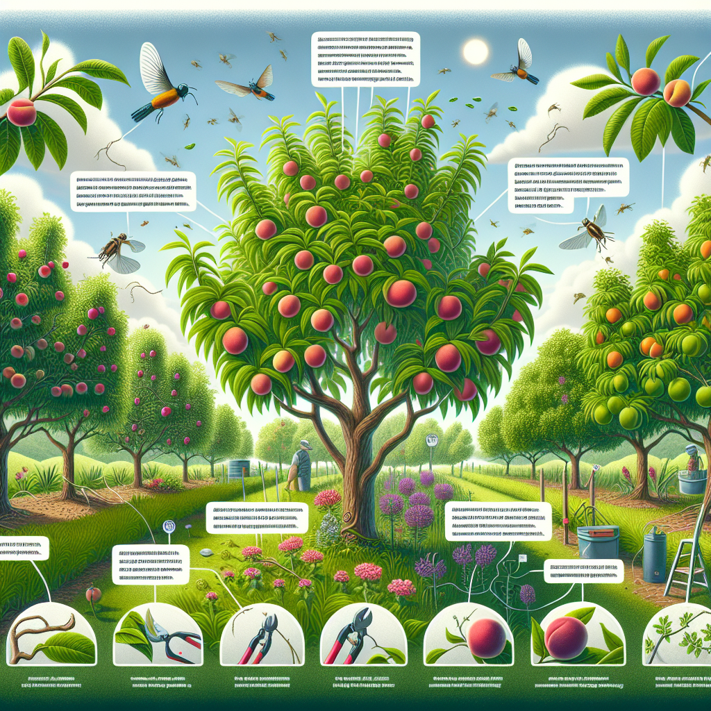 An image illustrating an organic method of preventing Silverleaf disease in stone fruits. Show various stone fruit trees like peach, plum, and cherry trees in a lush orchard. Depict the trees in healthy condition, with vibrant green leaves and plentiful fruits. Also, include details indicating preventative measures such as pruning shears used to remove infected parts, and a natural pesticide at the base of the trees. Include beneficial creatures such as birds and insects hovering around the trees. The sky above is clear and sunny, typical of a healthy, disease-free environment.